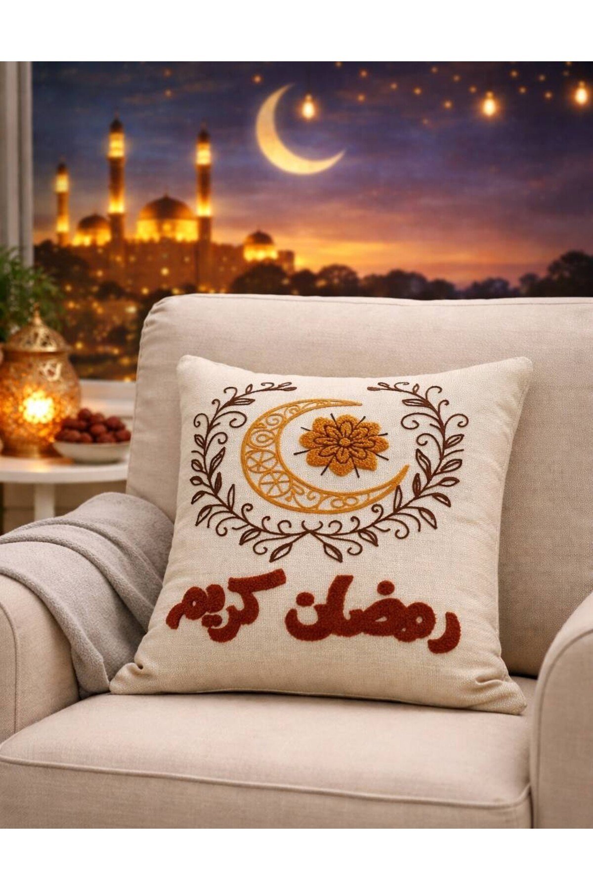 Ramazan Punch (panç) Nakışı İşlemeli Keten Kırlent Kılıfı 43x43