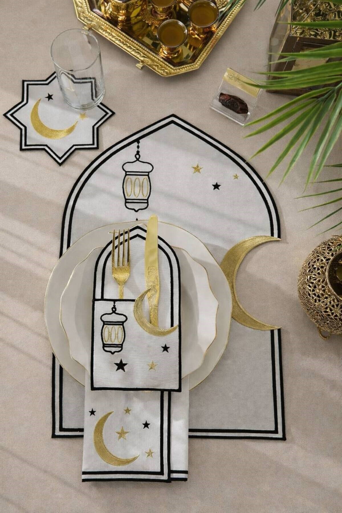 Ramazan Temalı Peçete Takımı 6 Kişilik 24 Parça Duck Kumaş Su itici (Siyah Gold)