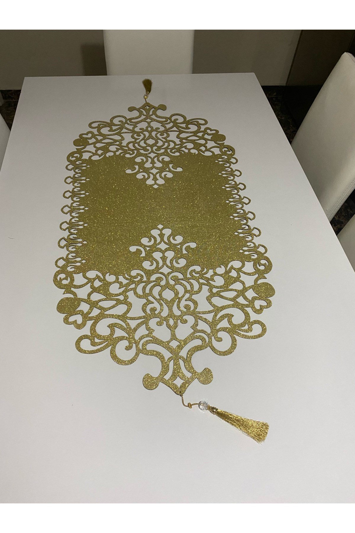 Simli Deri Gold görünümlü LÜX Lazer Kesimli 35 x 100 Runner