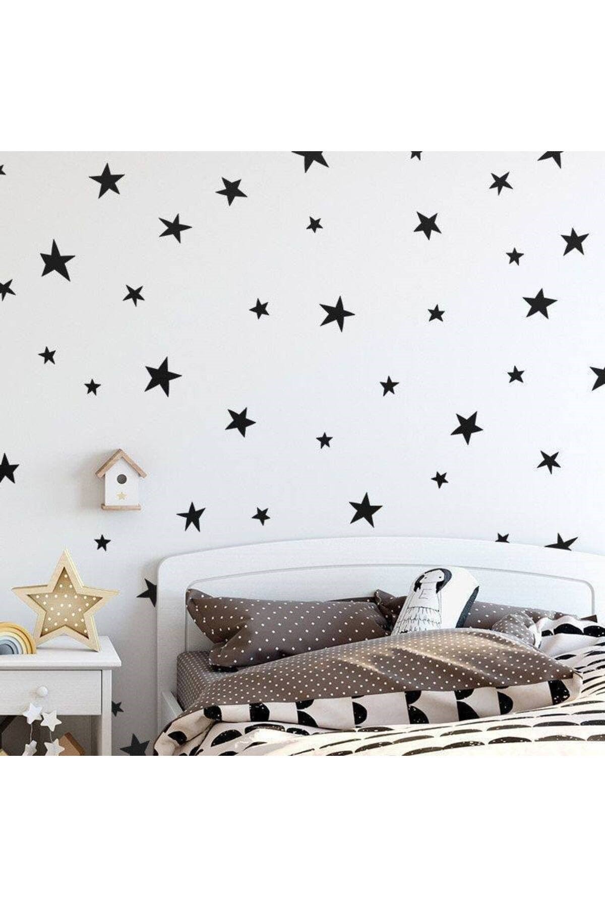 Siyah Çocuk Odası Duvar Sticker 1mm Keçe 40 Adet Yıldız 3 Boy