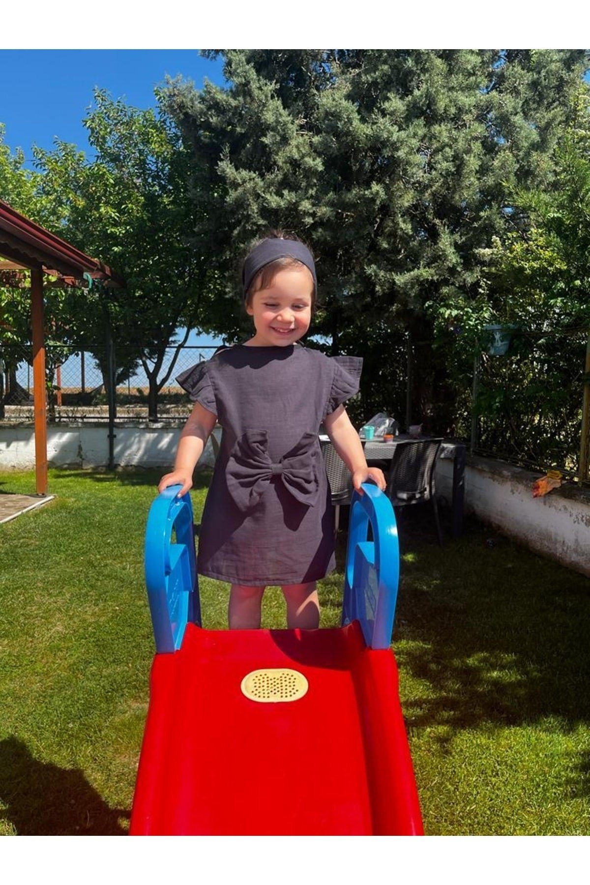 %100 Organik Pamuk Çift Kat Müslin Retro Çocuk Elbise Ve Saç Aksesuarı