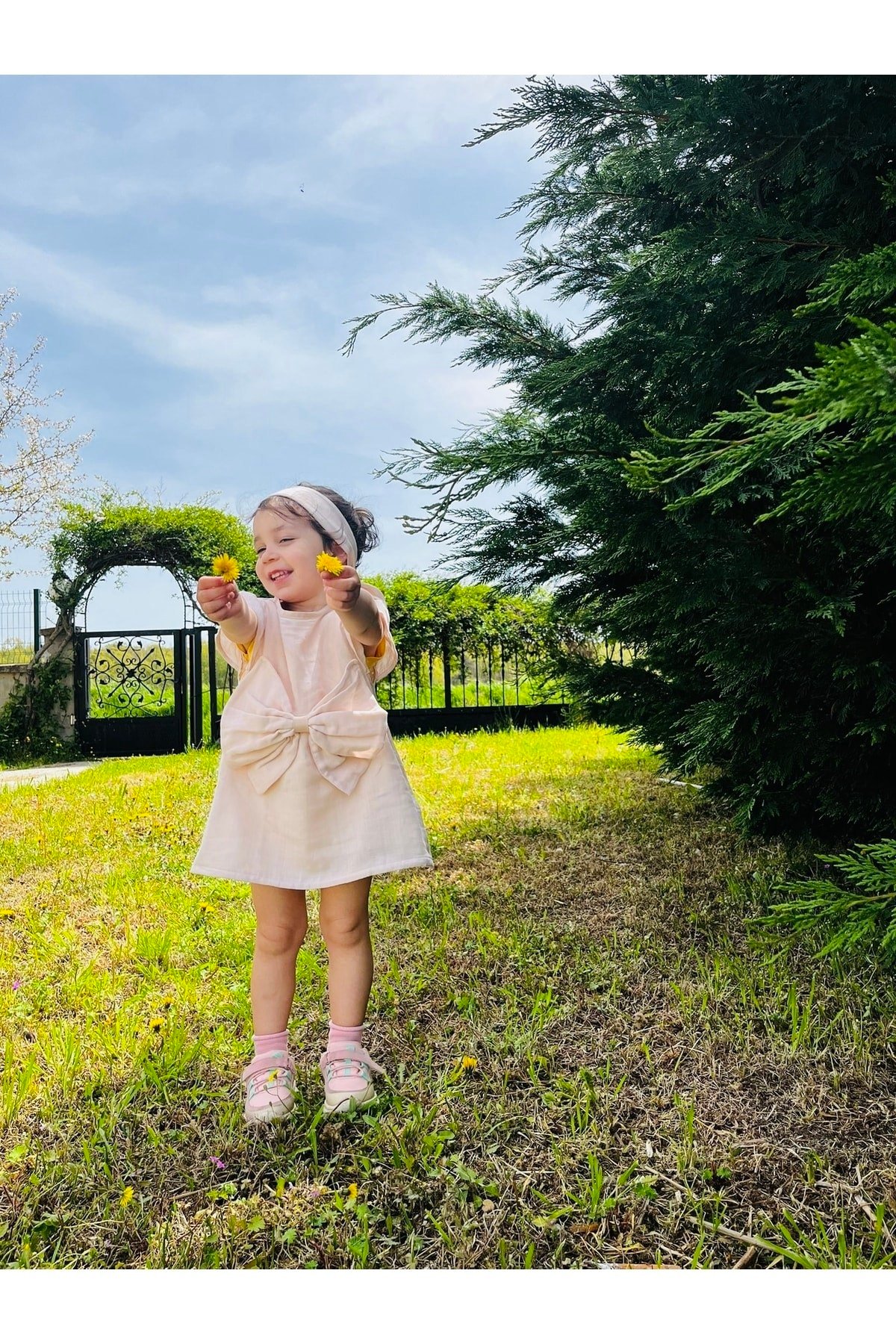 %100 Organik Pamuk Çift Kat Müslin Retro Çocuk Elbise Ve Saç Aksesuarı