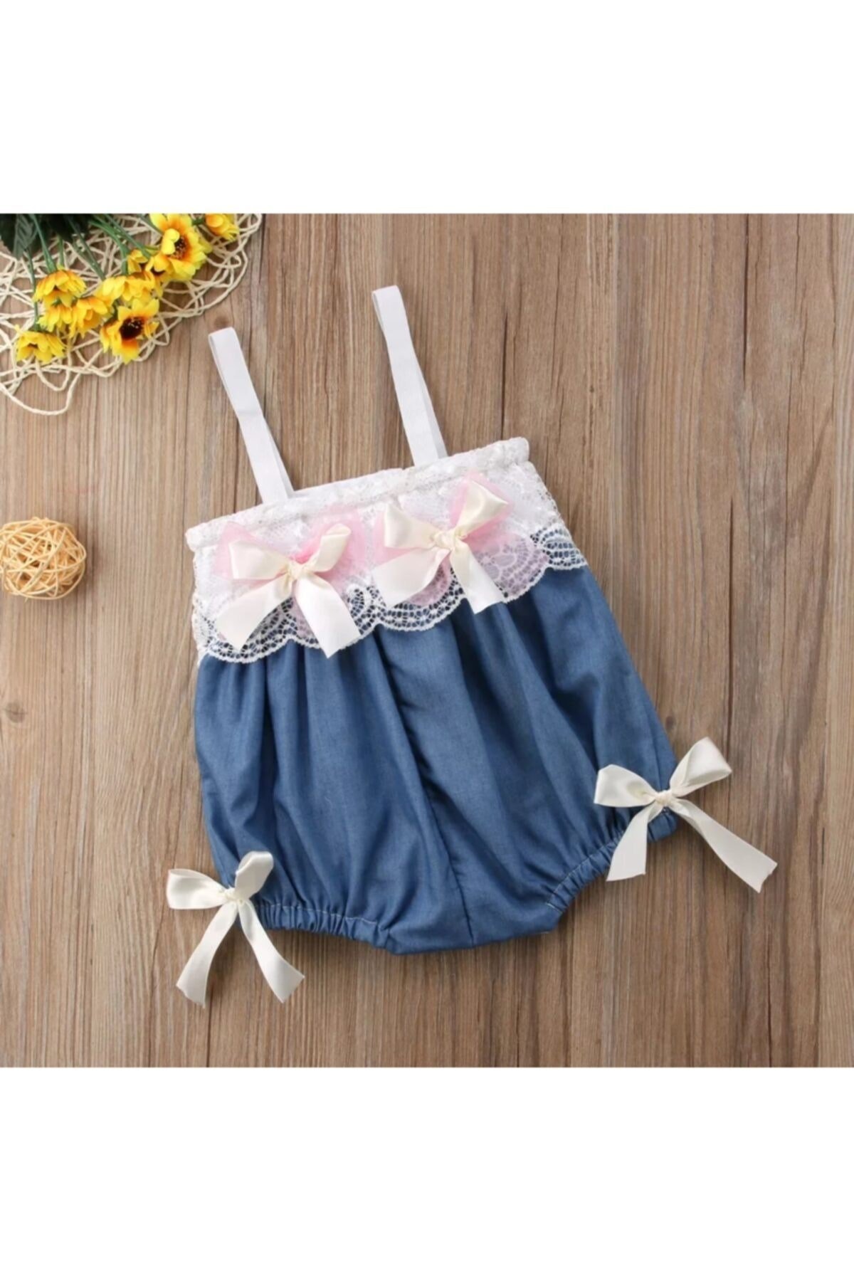 Kız Bebek Dantel Işlemeli Askılı Kot Romper Tulum Salopet