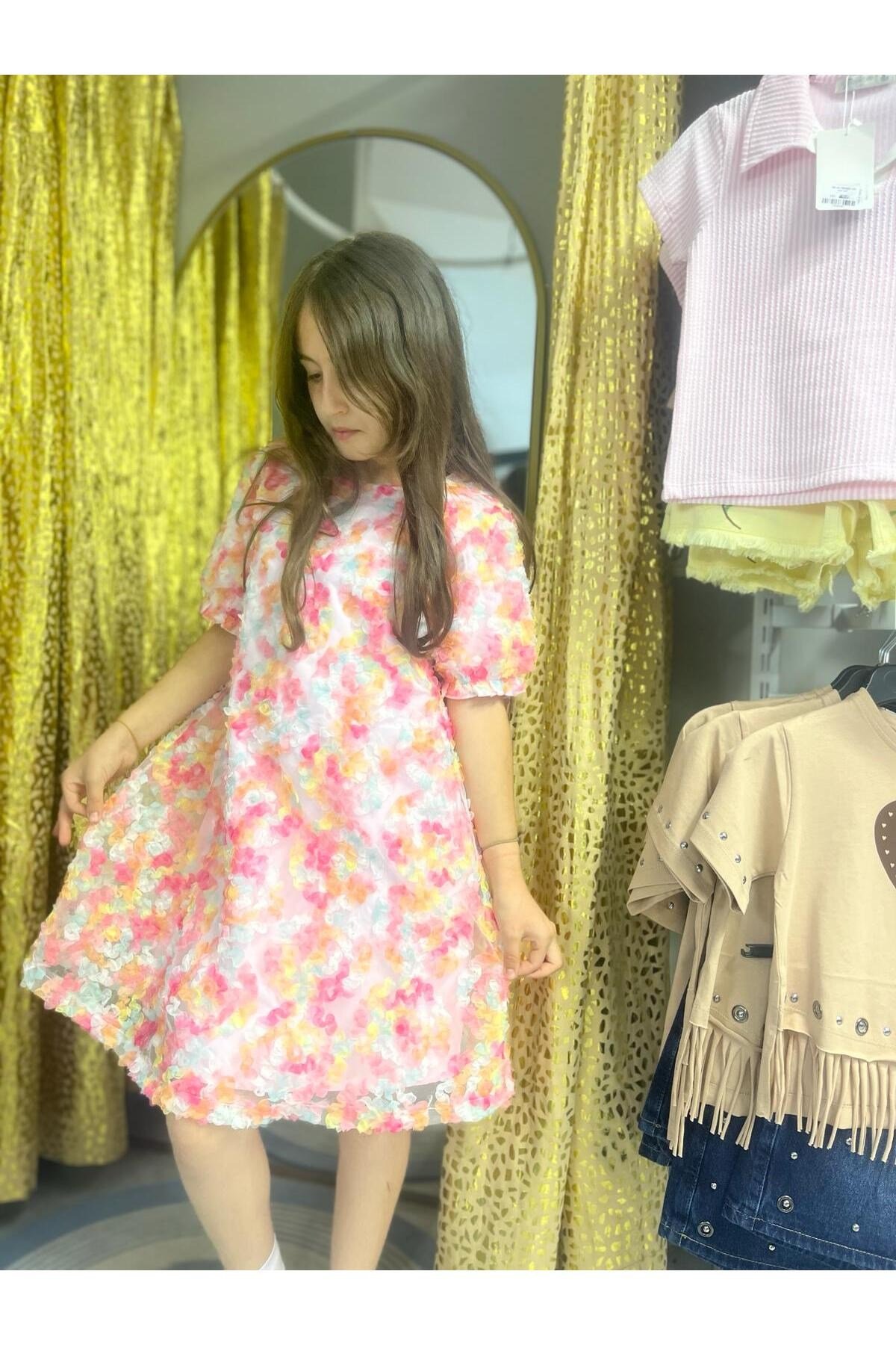 Kız Çocuk Çiçek Aplikeli Tül Elbise Pudra Pembe