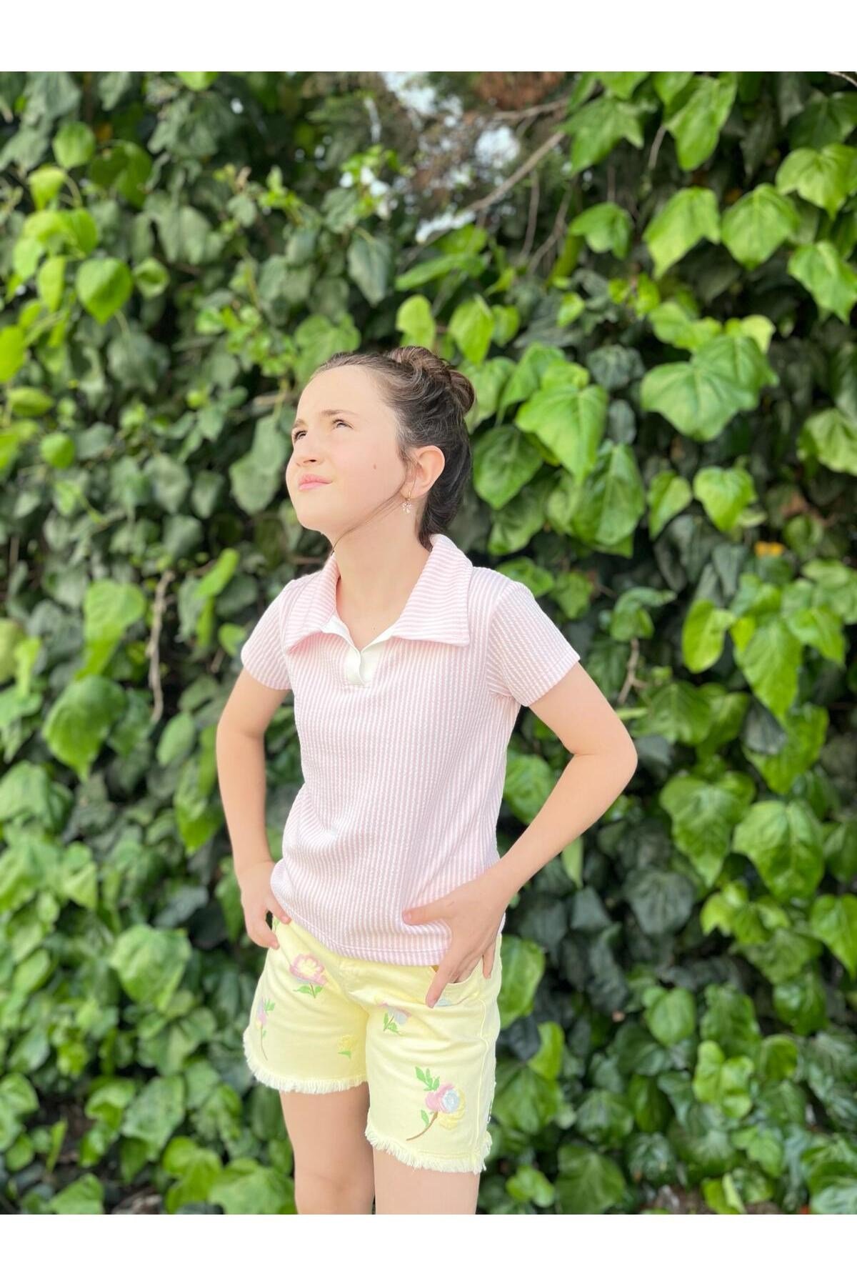 Kız Çocuk Pembe Polo Yaka Bluz Nakışlı Şort Takım