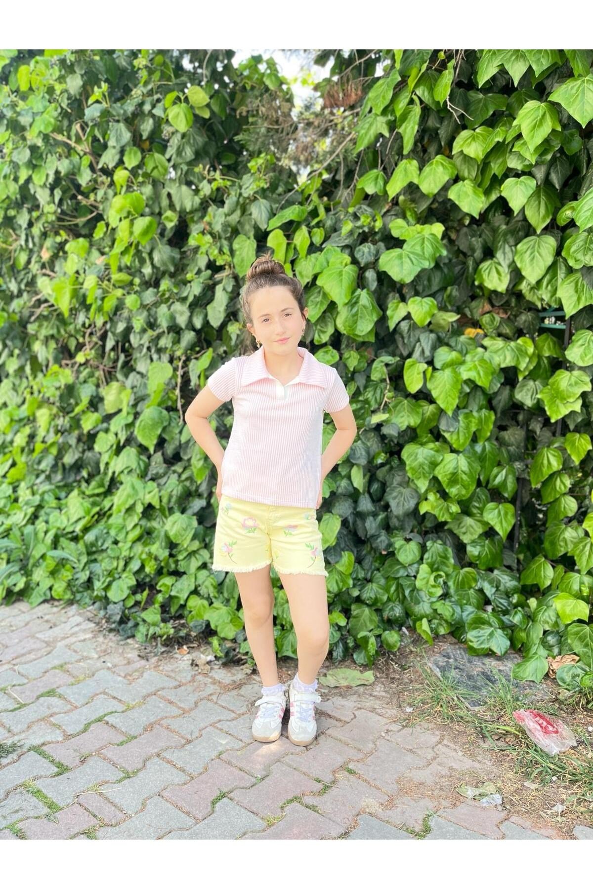 Kız Çocuk Pembe Polo Yaka Bluz Nakışlı Şort Takım