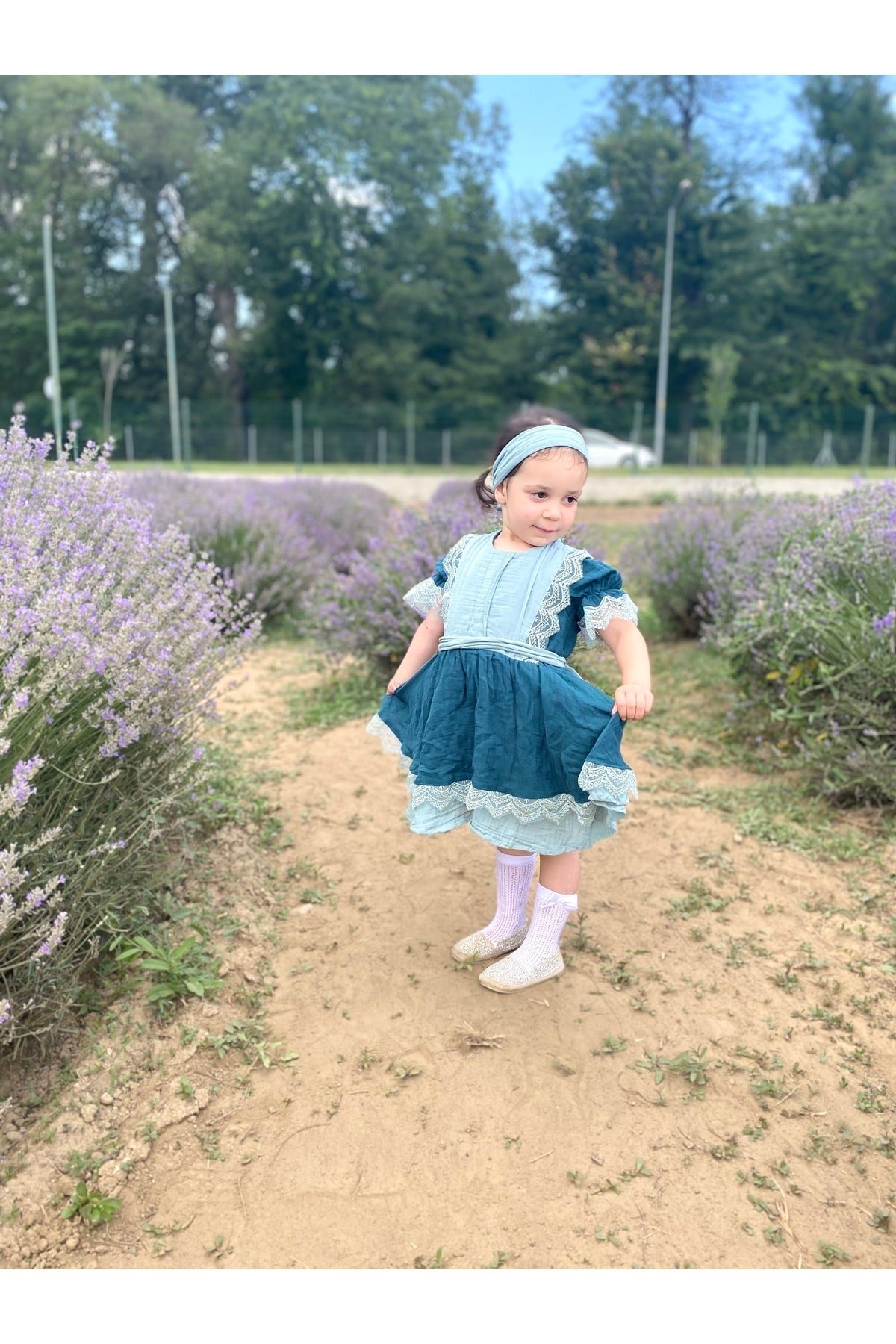 Kız Çocuk Retro %100organik Çift Kat Müslin Dantelli Elbise