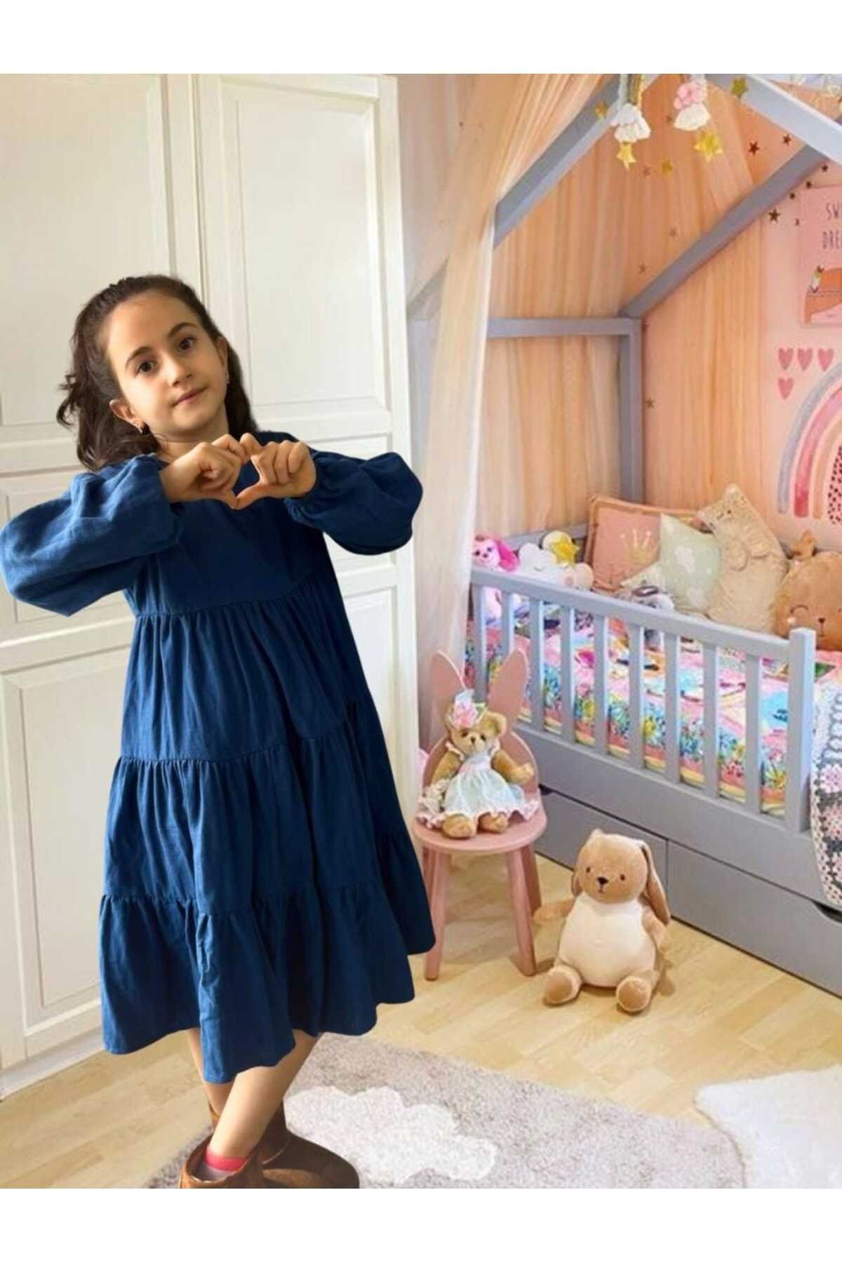 kız çocuk ve bebek %100 organik pamuk müslin katlı uzun kollu elbise