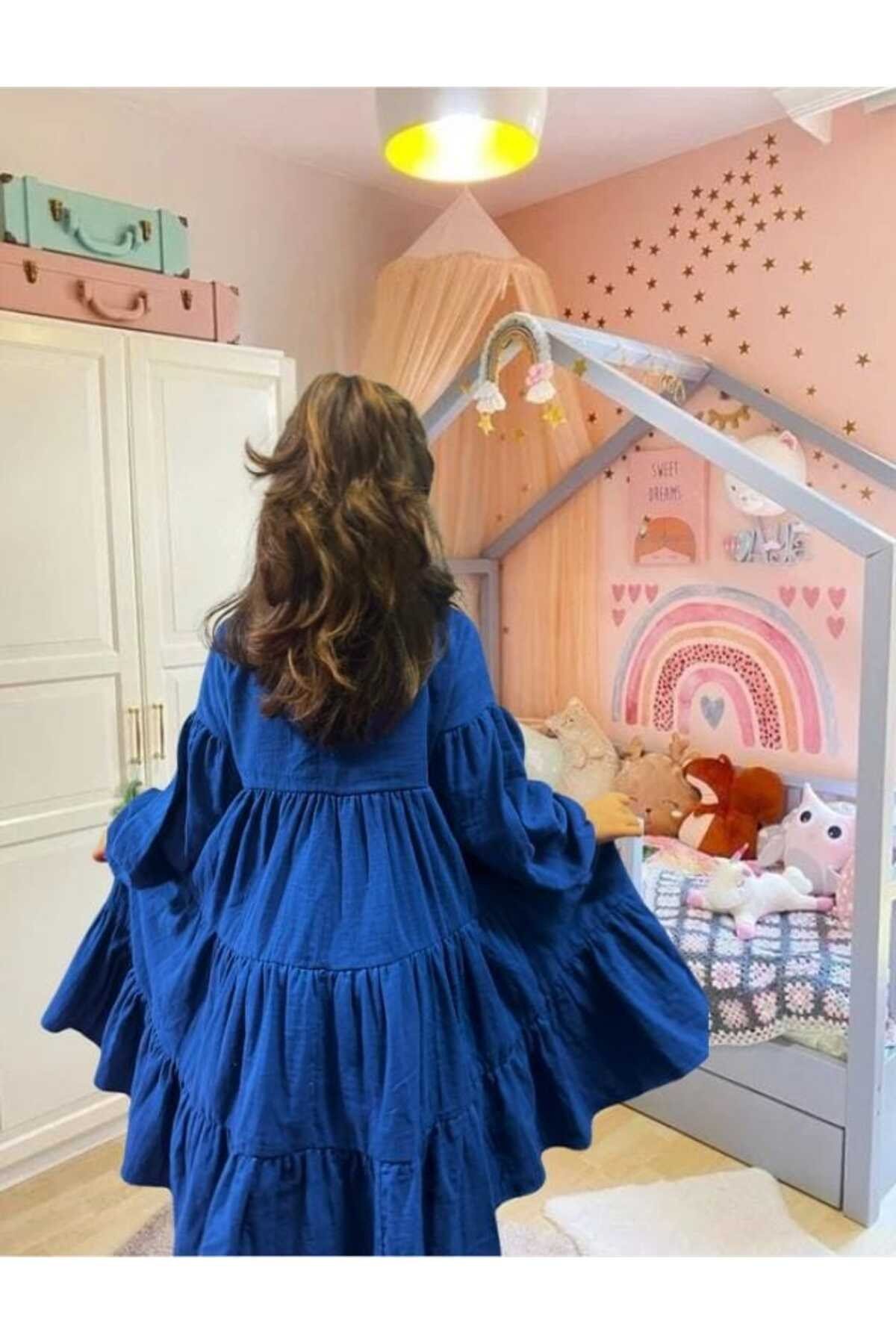 kız çocuk ve bebek %100 organik pamuk müslin katlı uzun kollu elbise