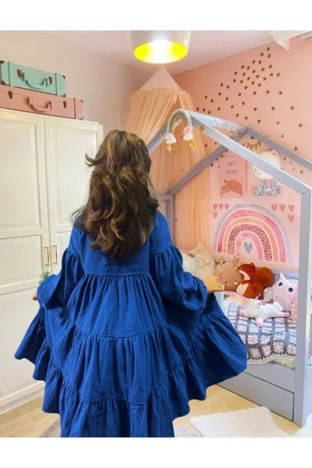 kız çocuk ve bebek %100 organik pamuk müslin katlı uzun kollu elbise
