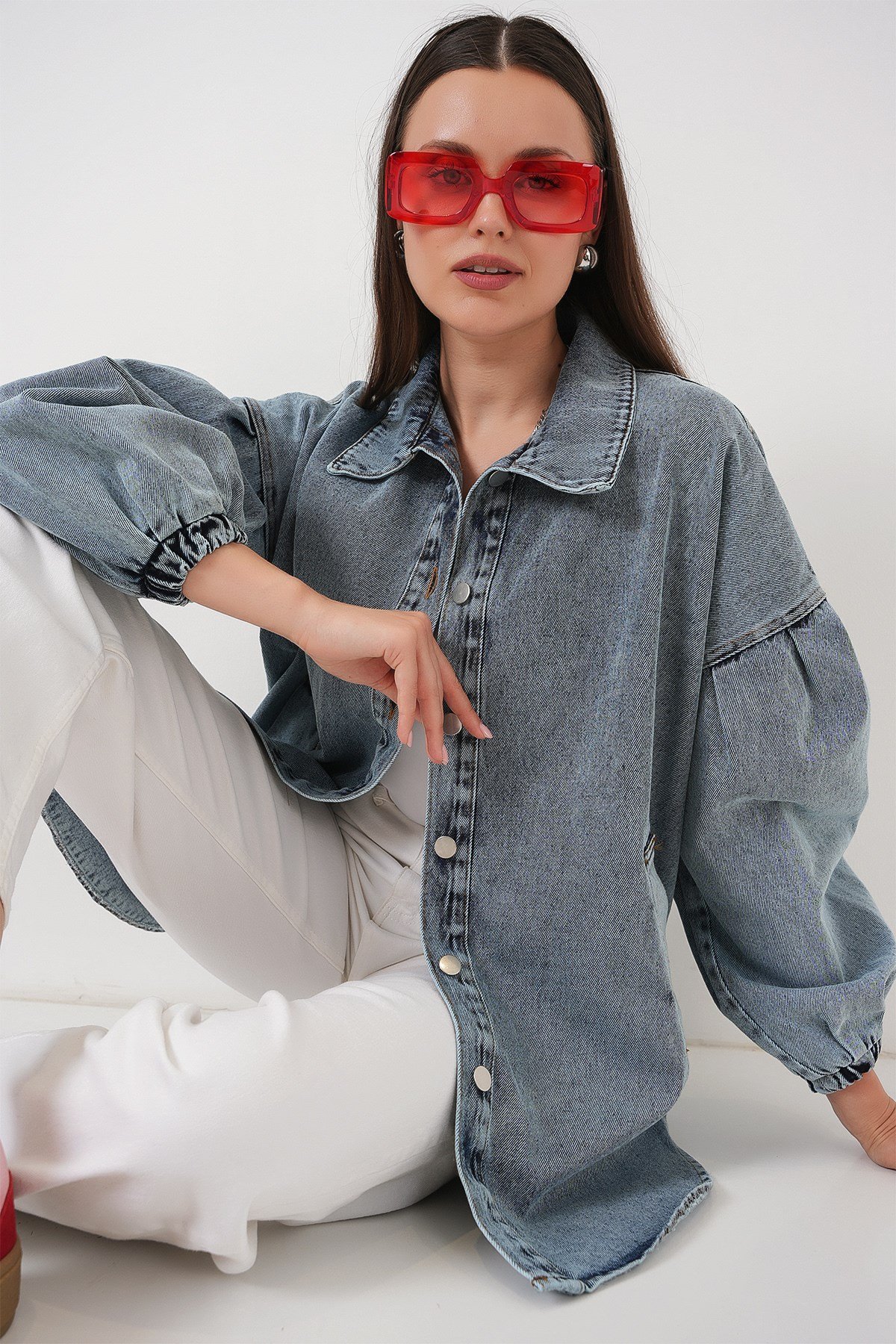 0662 Denim Balon Kollu Kot Ceket - Mavi