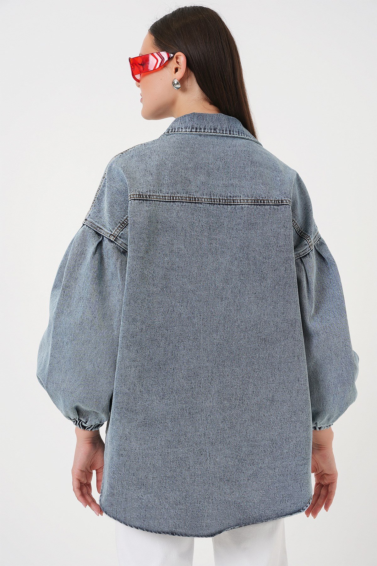 0662 Denim Balon Kollu Kot Ceket - Mavi