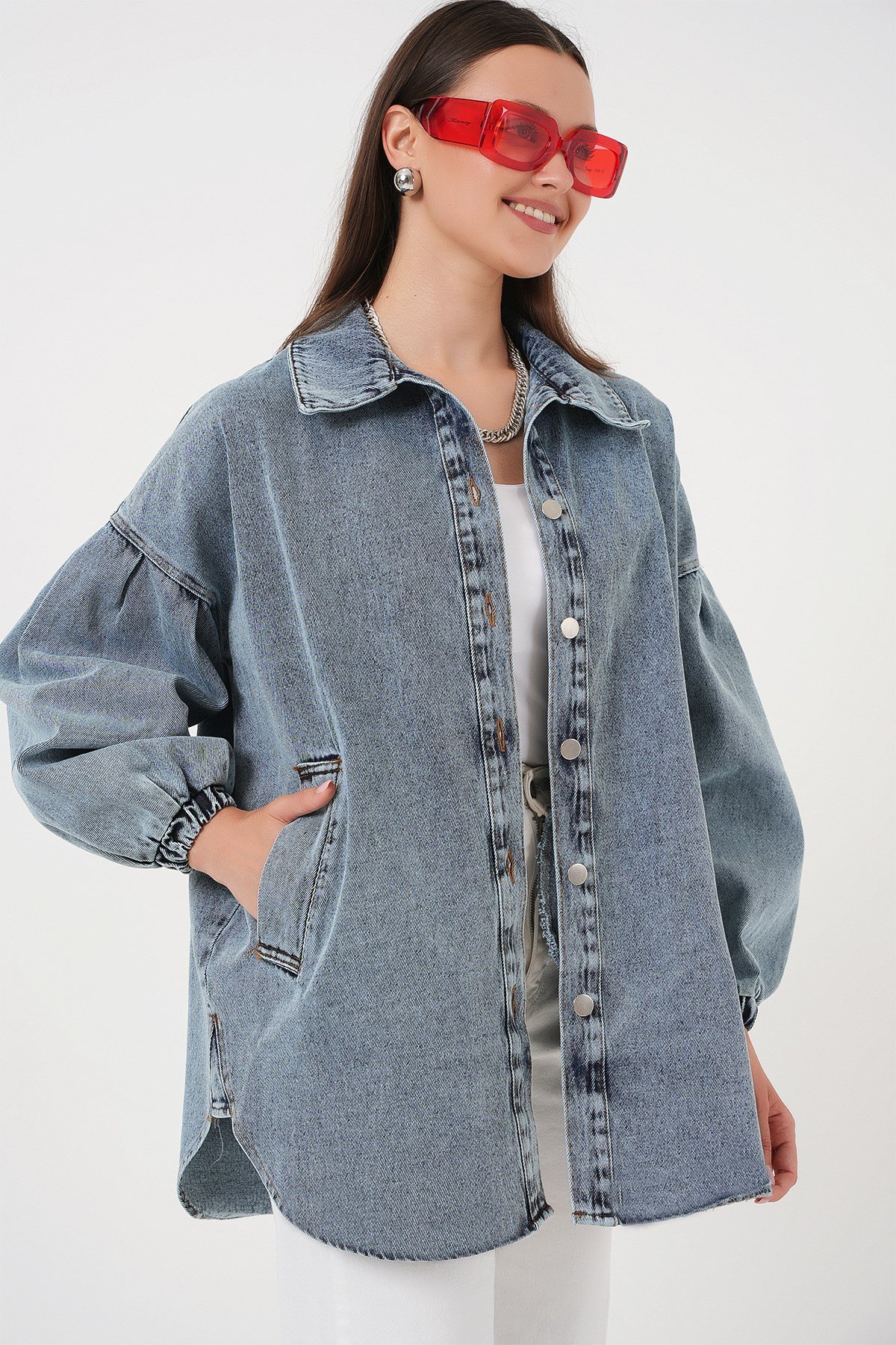 0662 Denim Balon Kollu Kot Ceket - Mavi