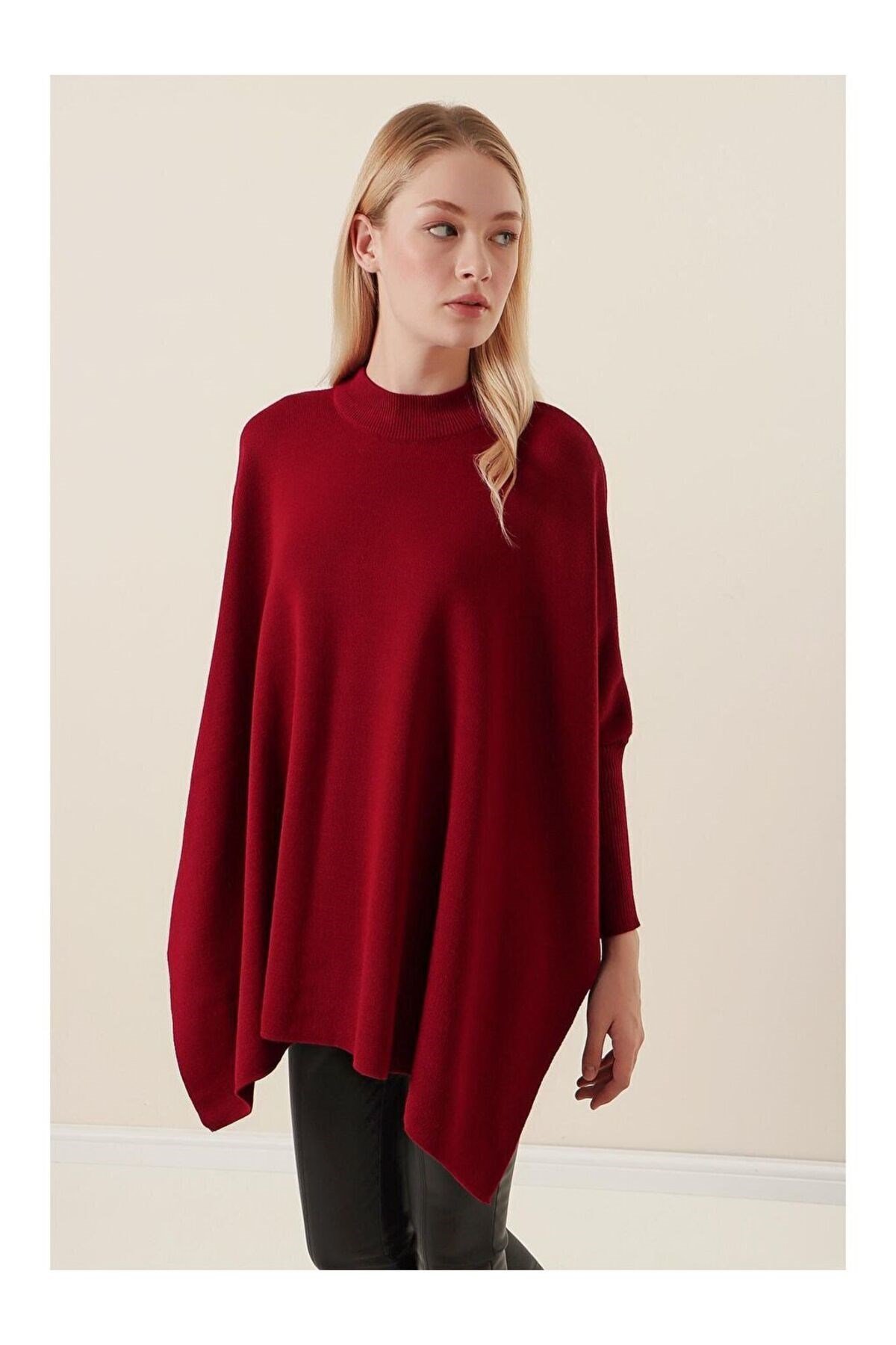 15783 Yırtmaçlı Panço Kazak - Bordo