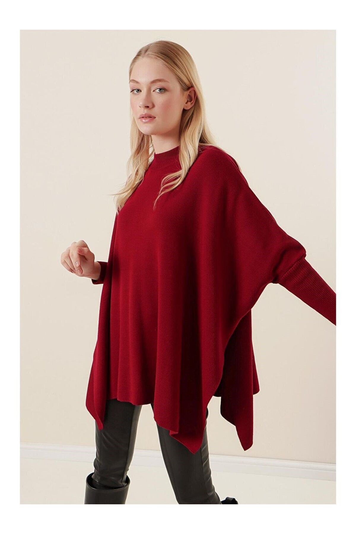 15783 Yırtmaçlı Panço Kazak - Bordo