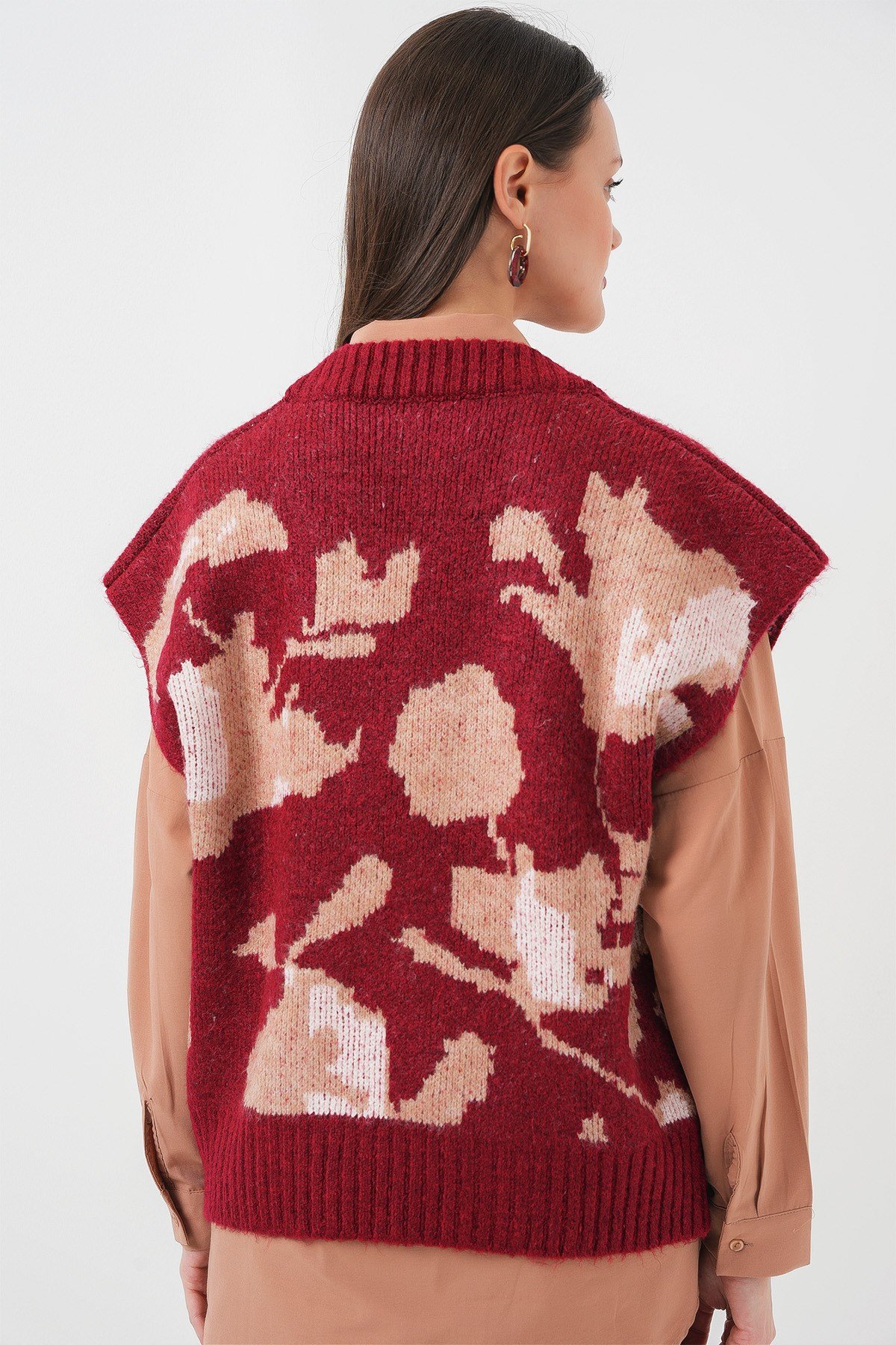 15923 Kadın Oversize Triko Süveter - Bordo