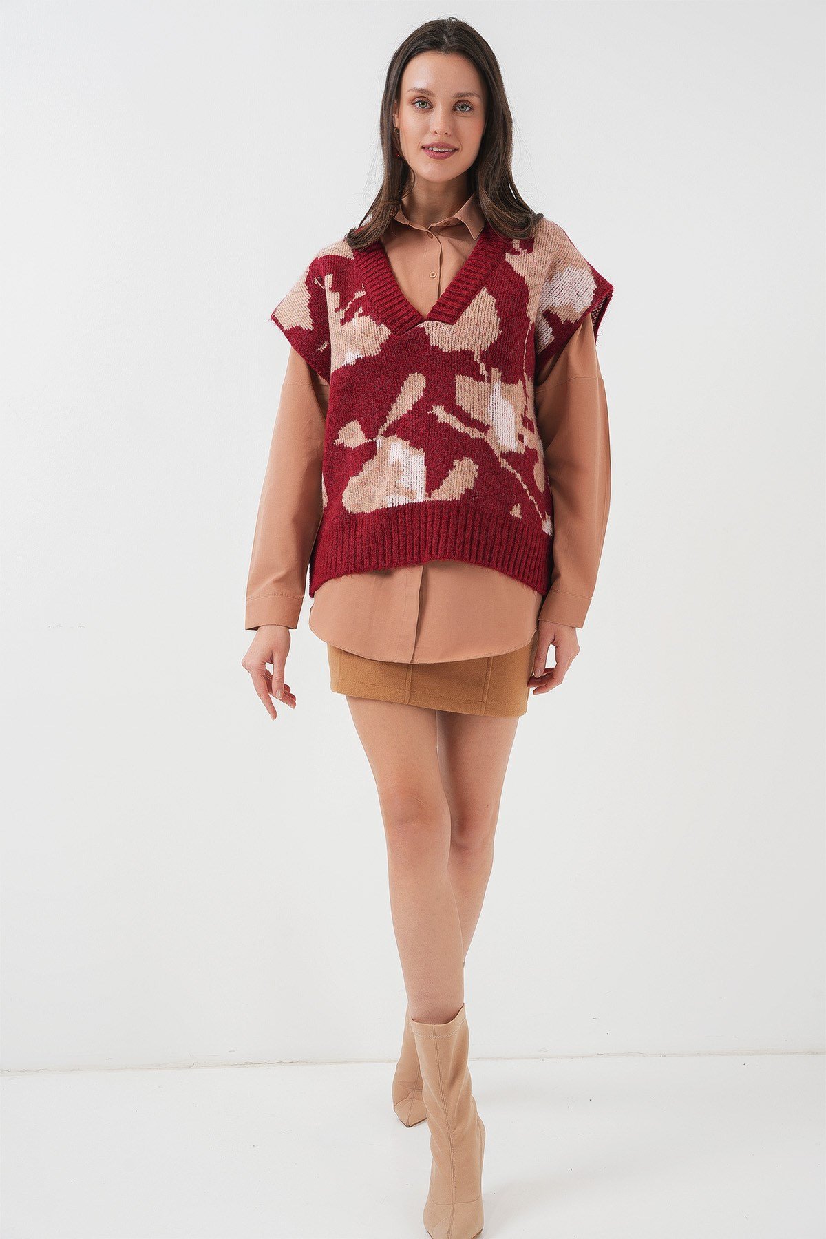 15923 Kadın Oversize Triko Süveter - Bordo