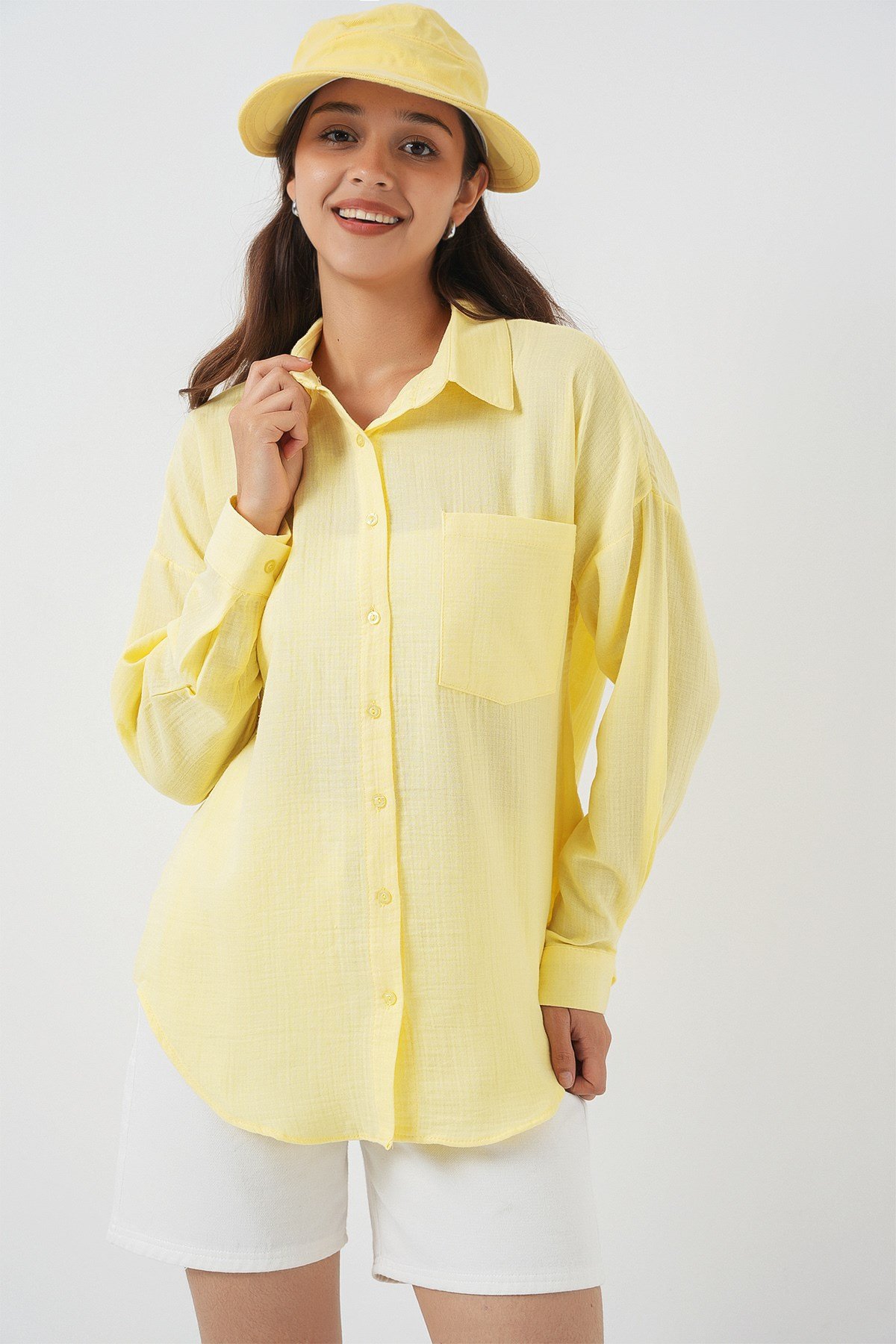 20153 Tek Cepli Oversize Keten Gömlek - Açık Sarı