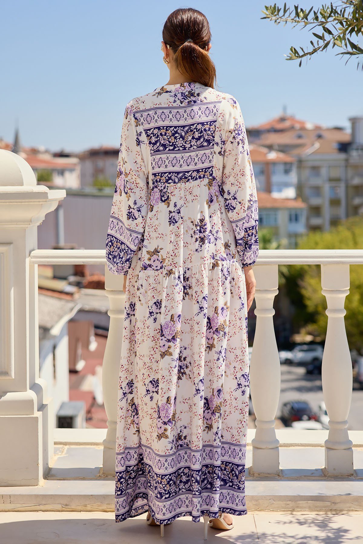 2423 Otantik Desenli Elbise - Mor