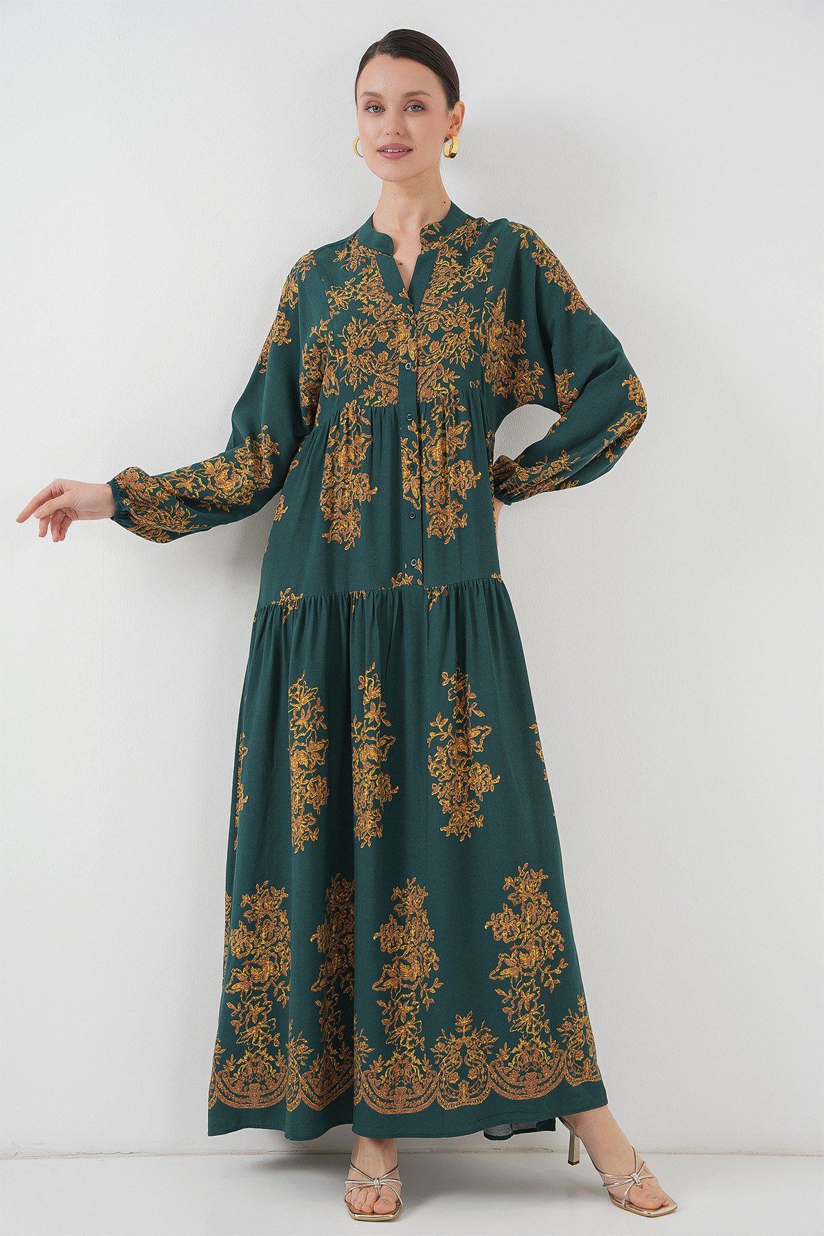 2423 Otantik Desenli Elbise - Y.Zümrüt