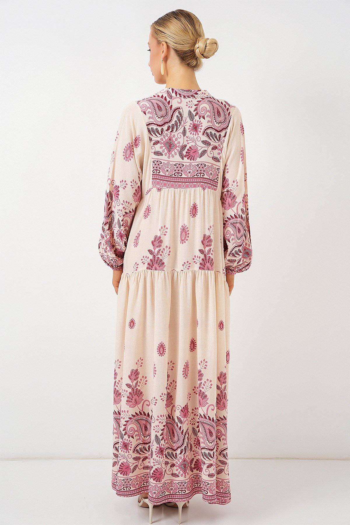 2423 Otantik Desenli Tesettür Elbise - Bordo 1