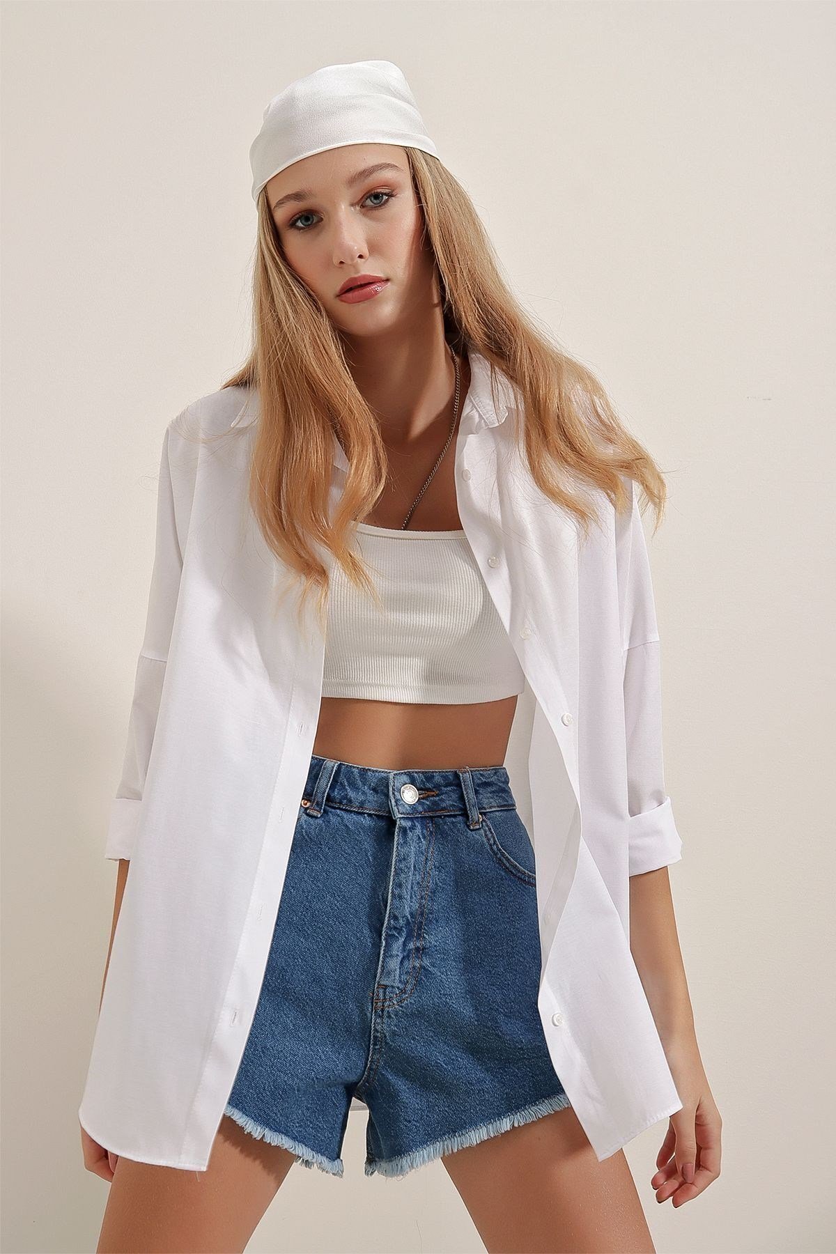 3900 Oversize Uzun Basic Gömlek - Beyaz