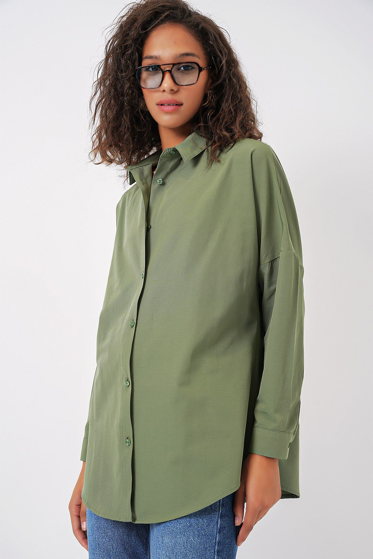 3900 Oversize Uzun Basic Gömlek - Haki