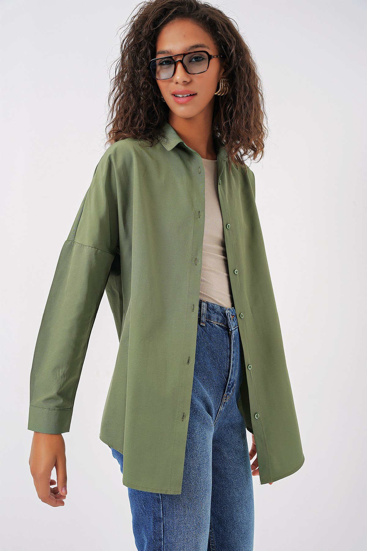 3900 Oversize Uzun Basic Gömlek - Haki