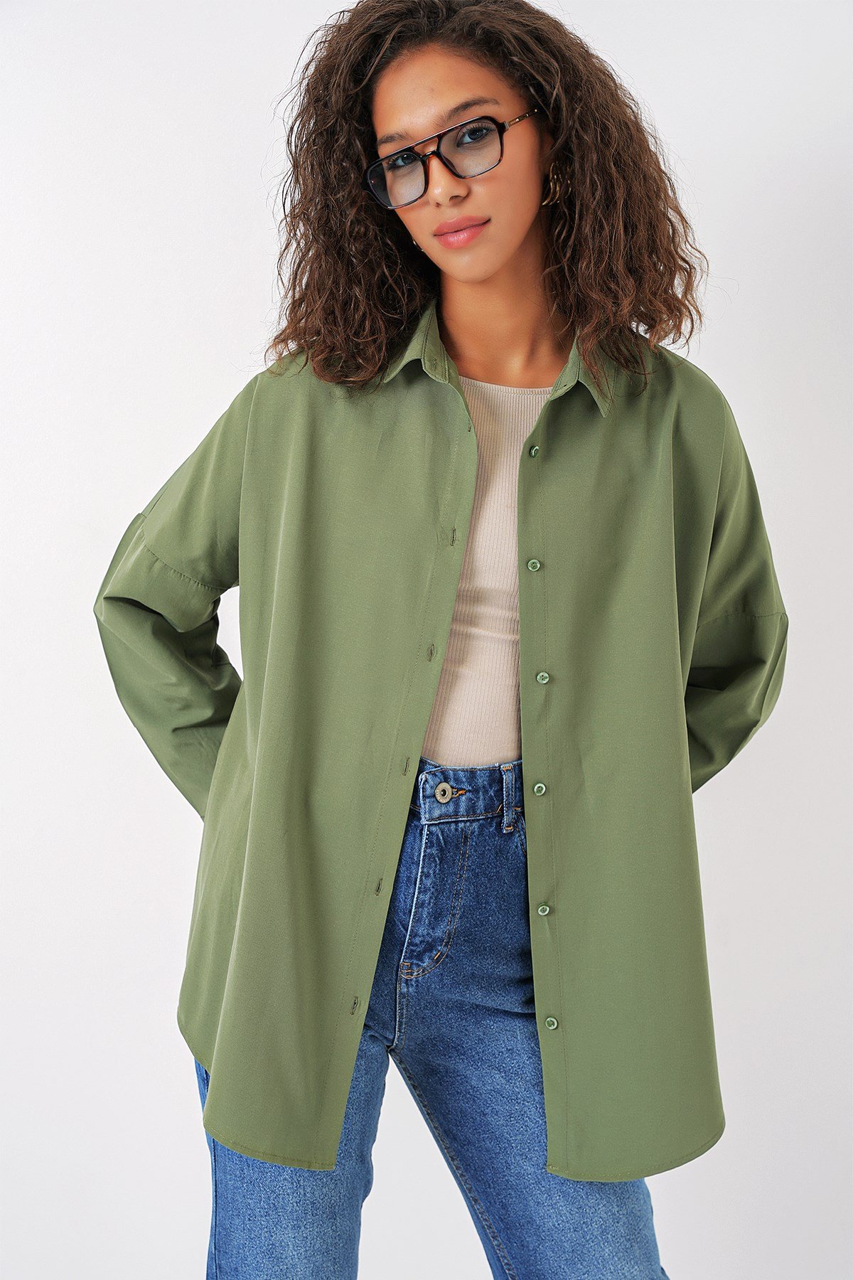 3900 Oversize Uzun Basic Gömlek - Haki