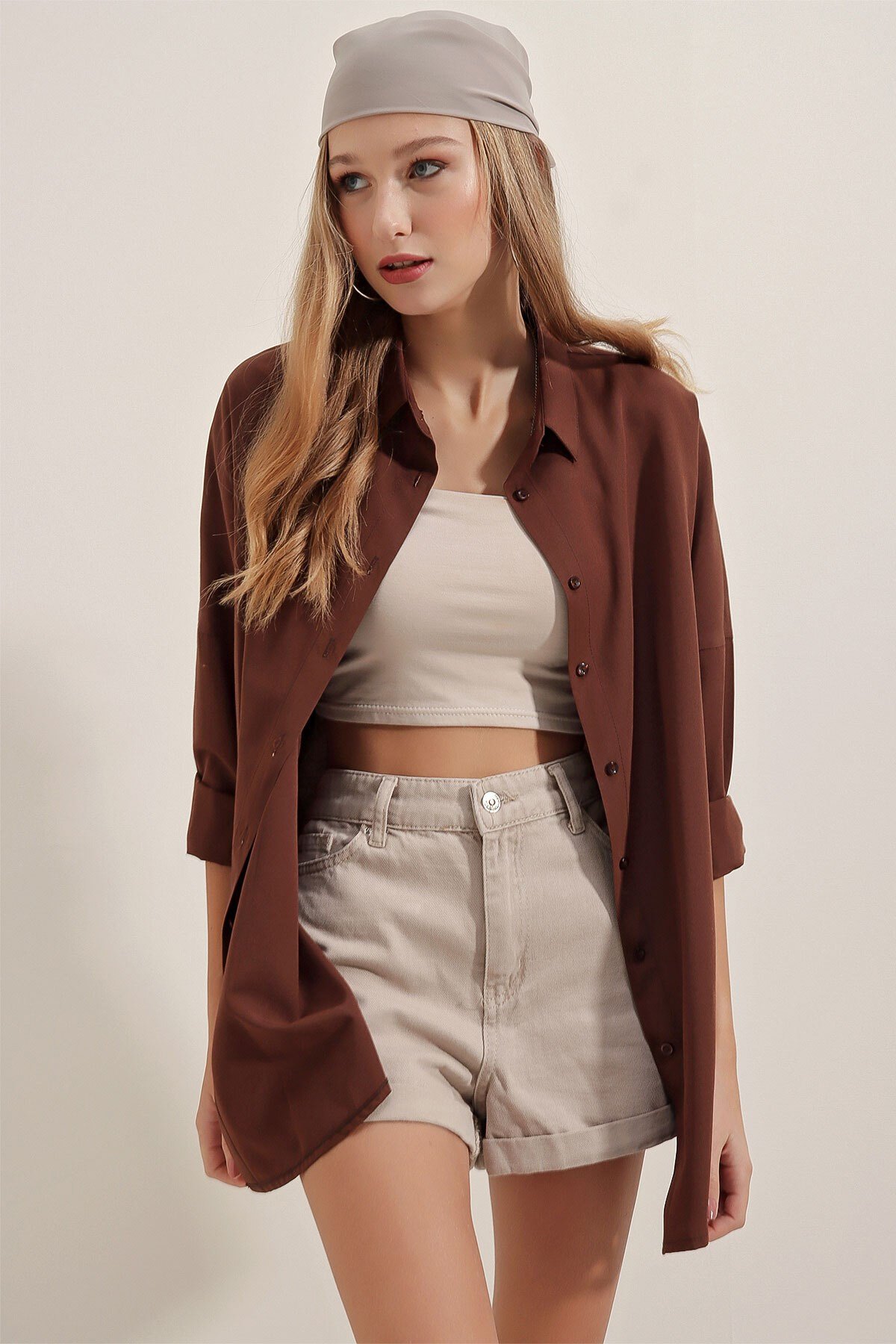 3900 Oversize Uzun Basic Gömlek - Kahverengi