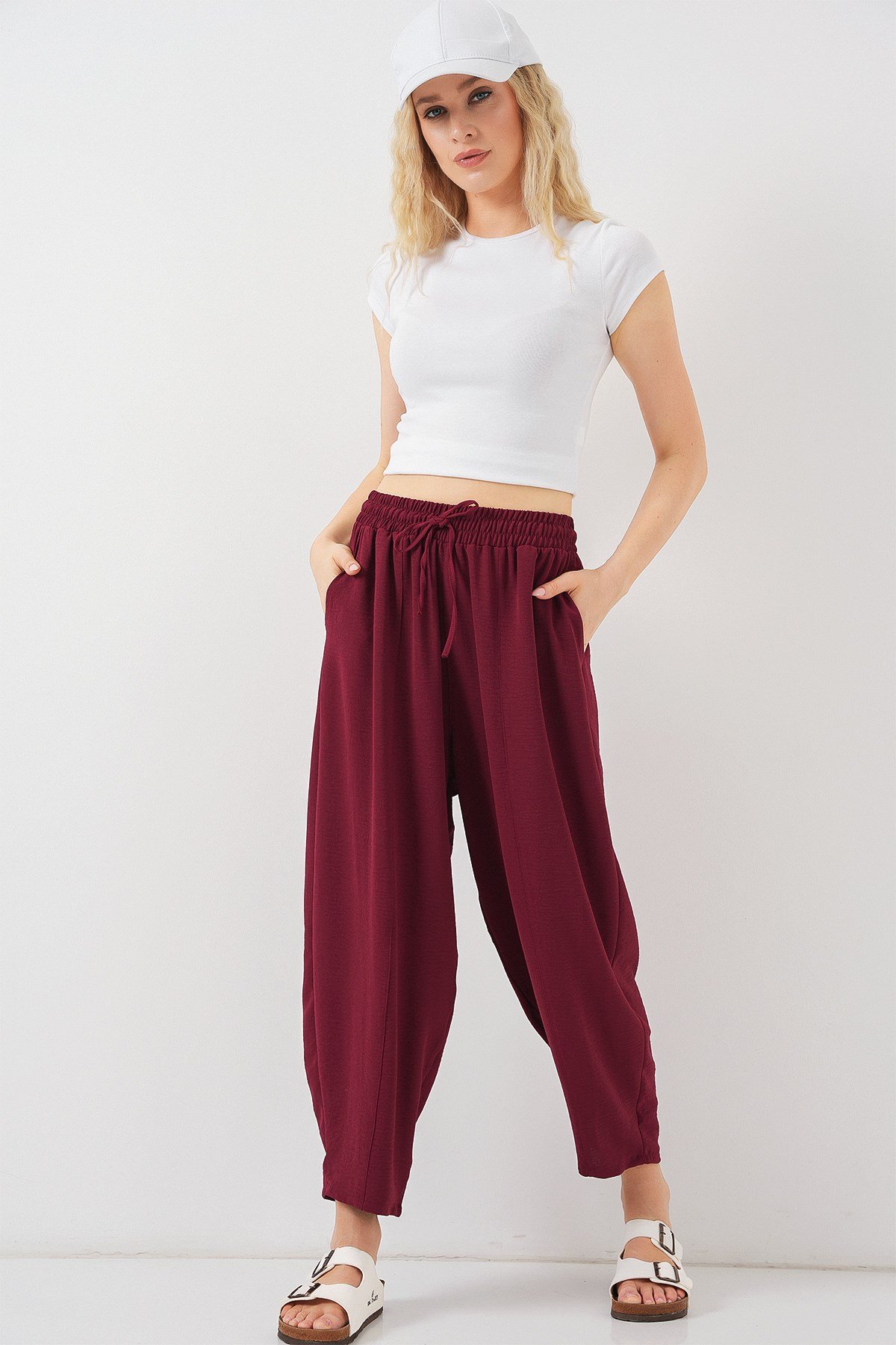 6591 Dokuma Şalvar Pantolon - Bordo