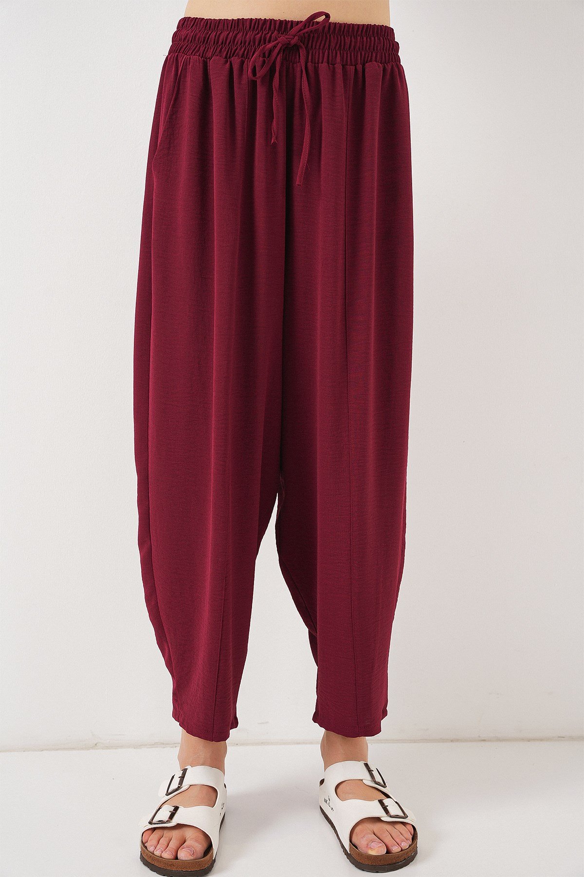 6591 Dokuma Şalvar Pantolon - Bordo