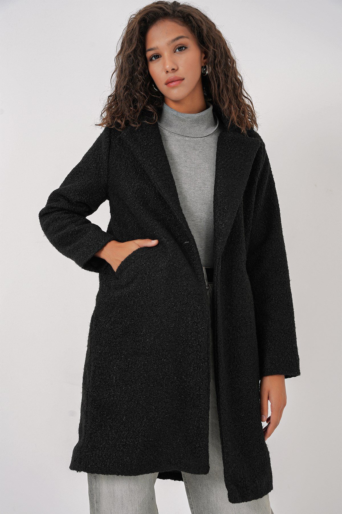 9082 Oversize Kaşe Kaban - Siyah