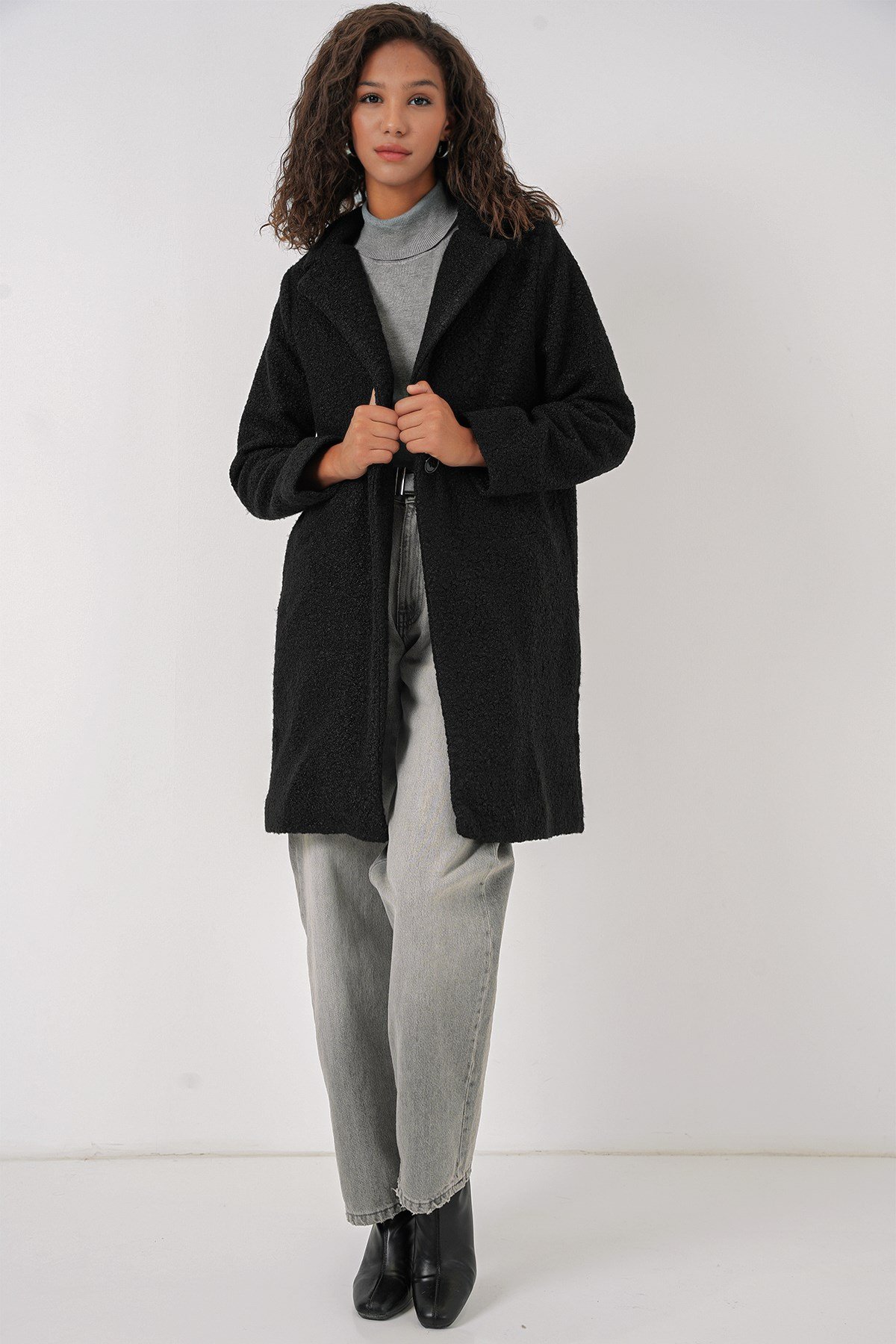 9082 Oversize Kaşe Kaban - Siyah