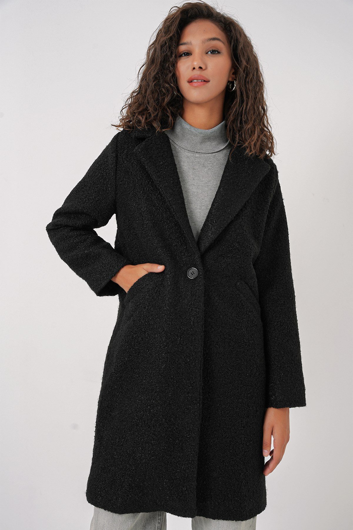 9082 Oversize Kaşe Kaban - Siyah