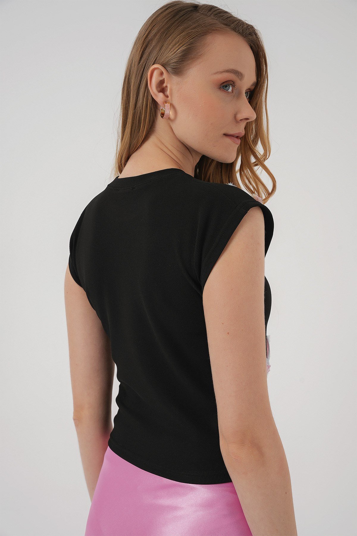 930 Kısa Kol Desenli Crop Bluz - Siyah