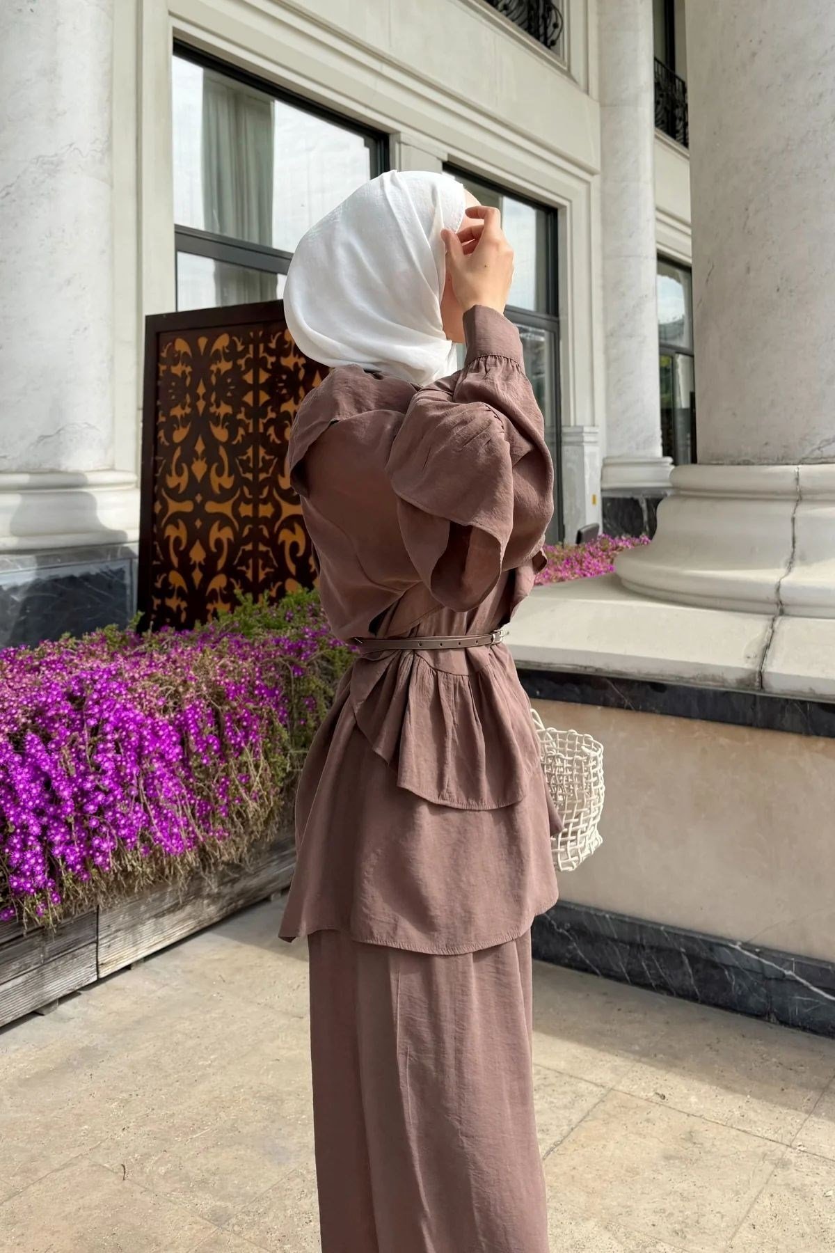 Fırfır Detaylı Tunik Pantolon Takım - Kahverengi