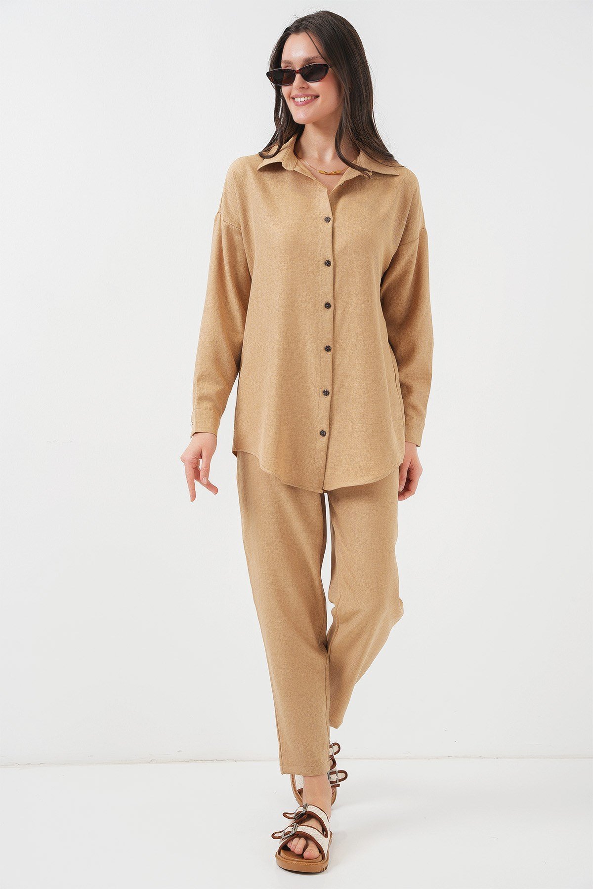 Kadın Camel Oversize Keten Alt Üst Takım 6622