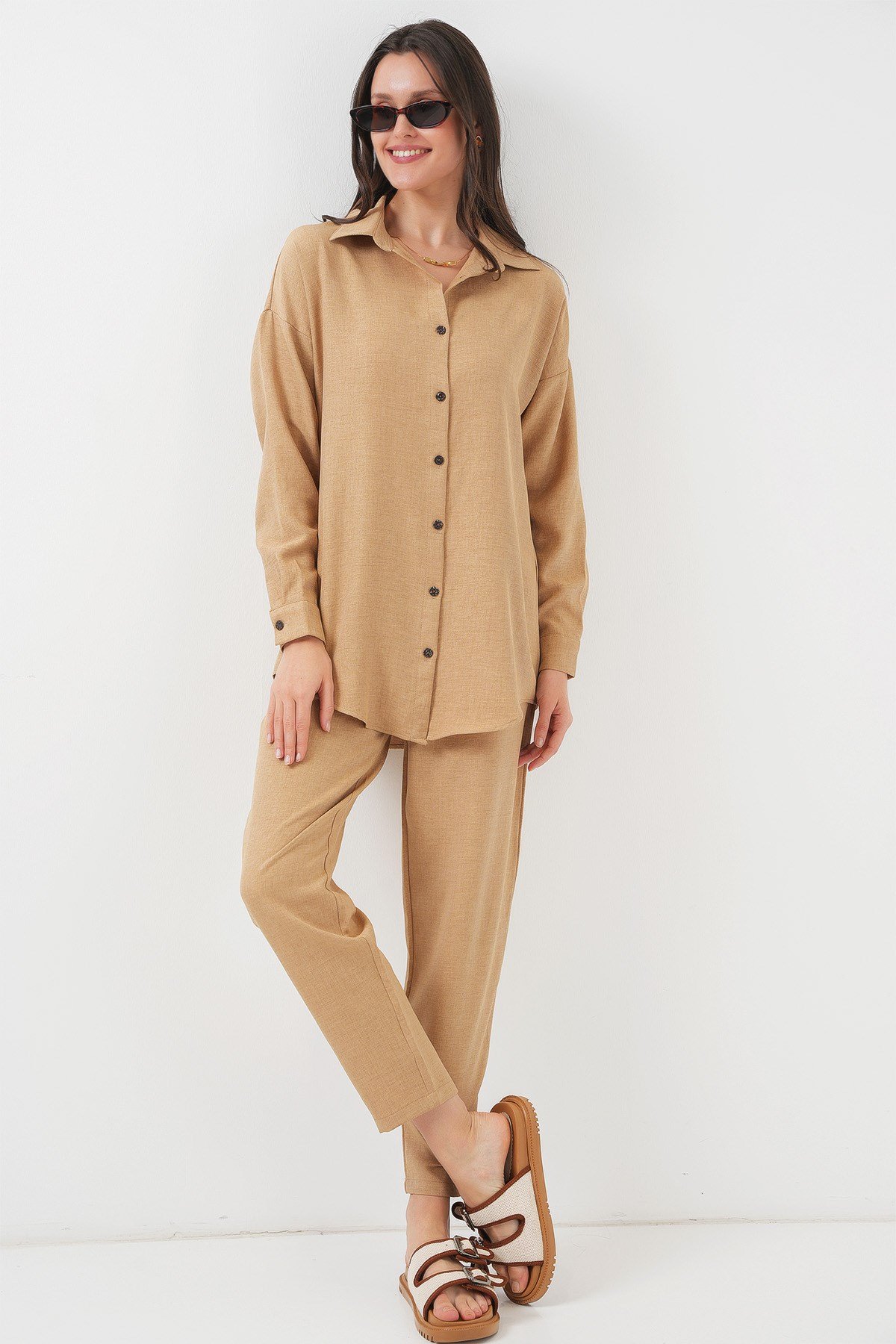 Kadın Camel Oversize Keten Alt Üst Takım 6622