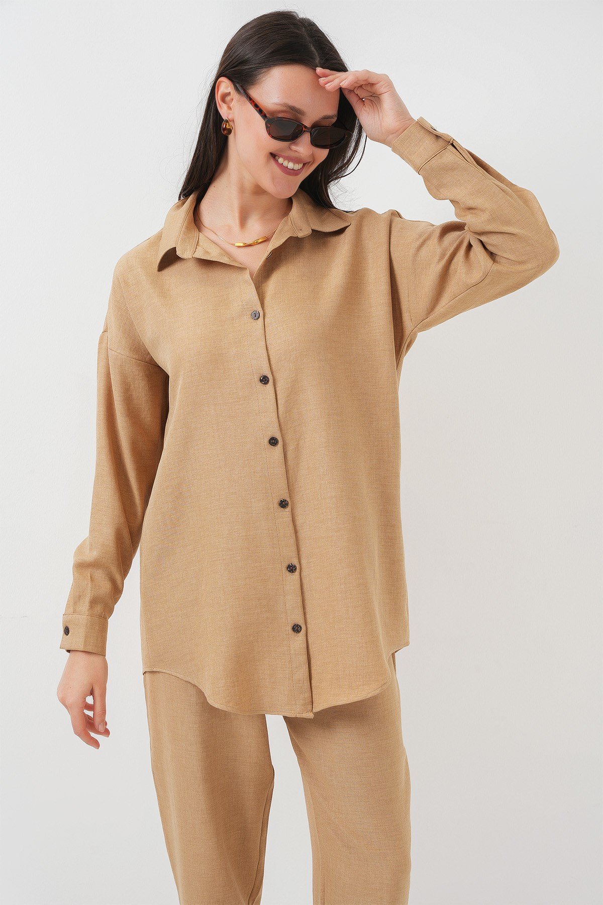 Kadın Camel Oversize Keten Alt Üst Takım 6622