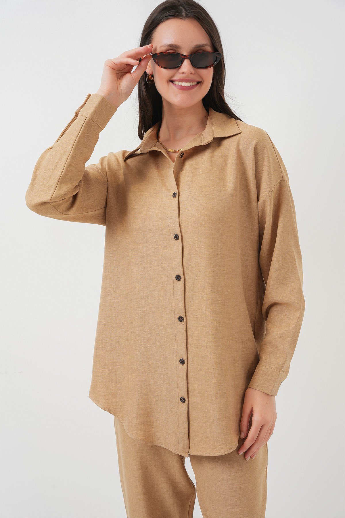 Kadın Camel Oversize Keten Alt Üst Takım 6622