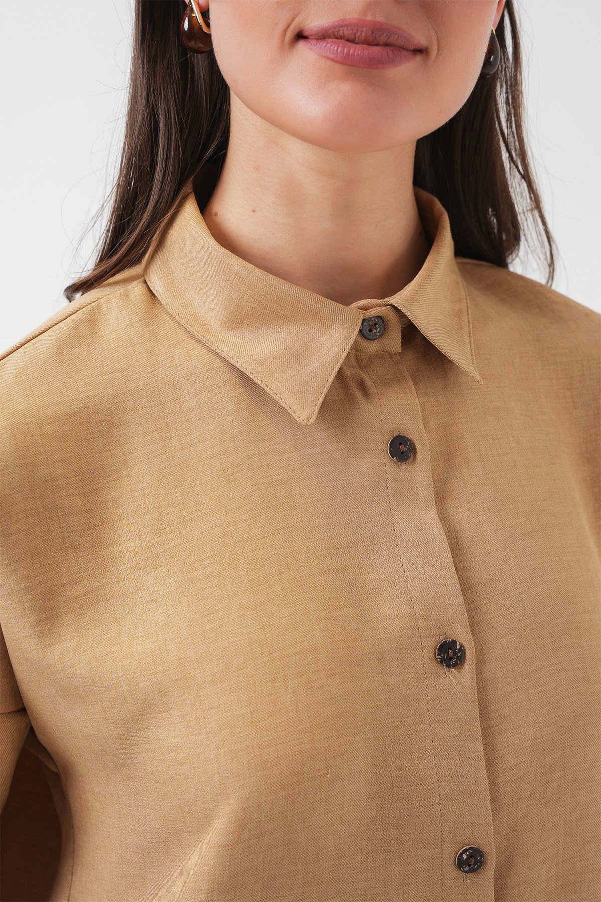 Kadın Camel Oversize Keten Alt Üst Takım 6622