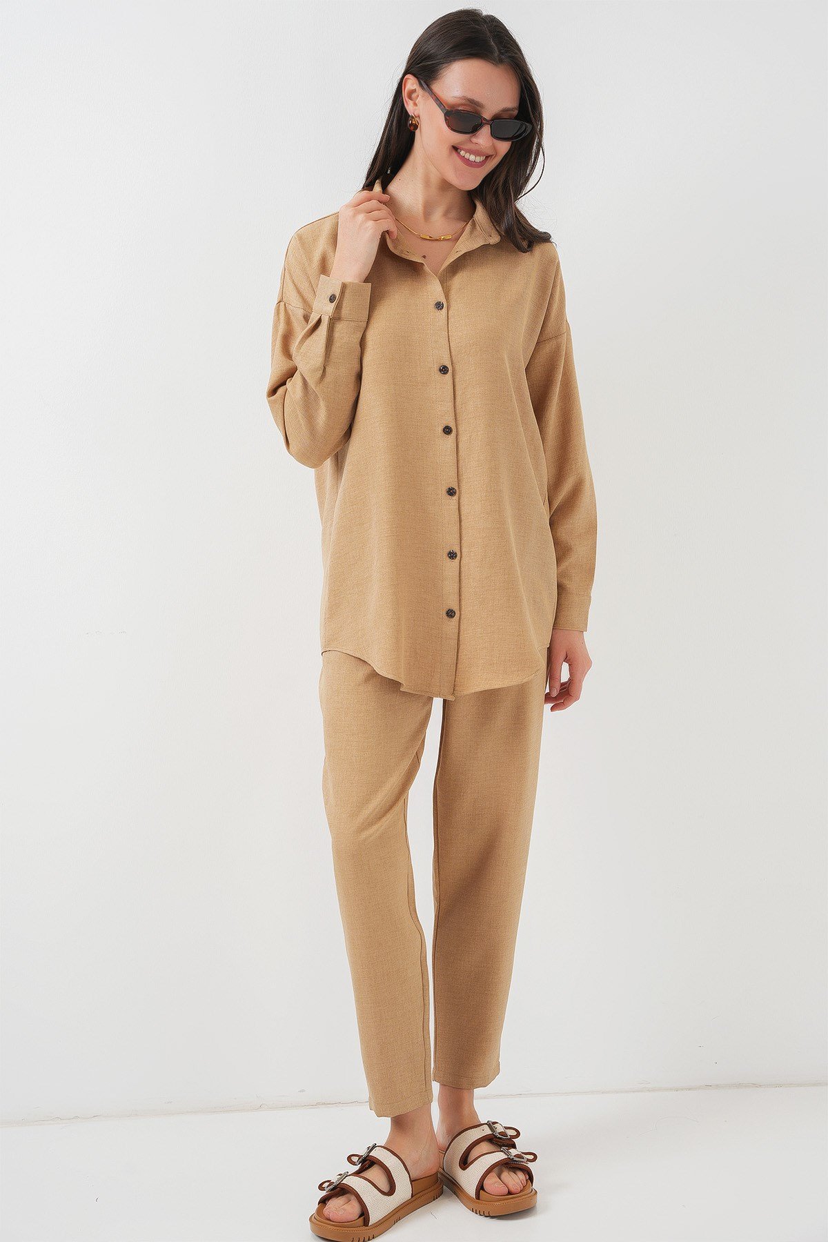 Kadın Camel Oversize Keten Alt Üst Takım 6622