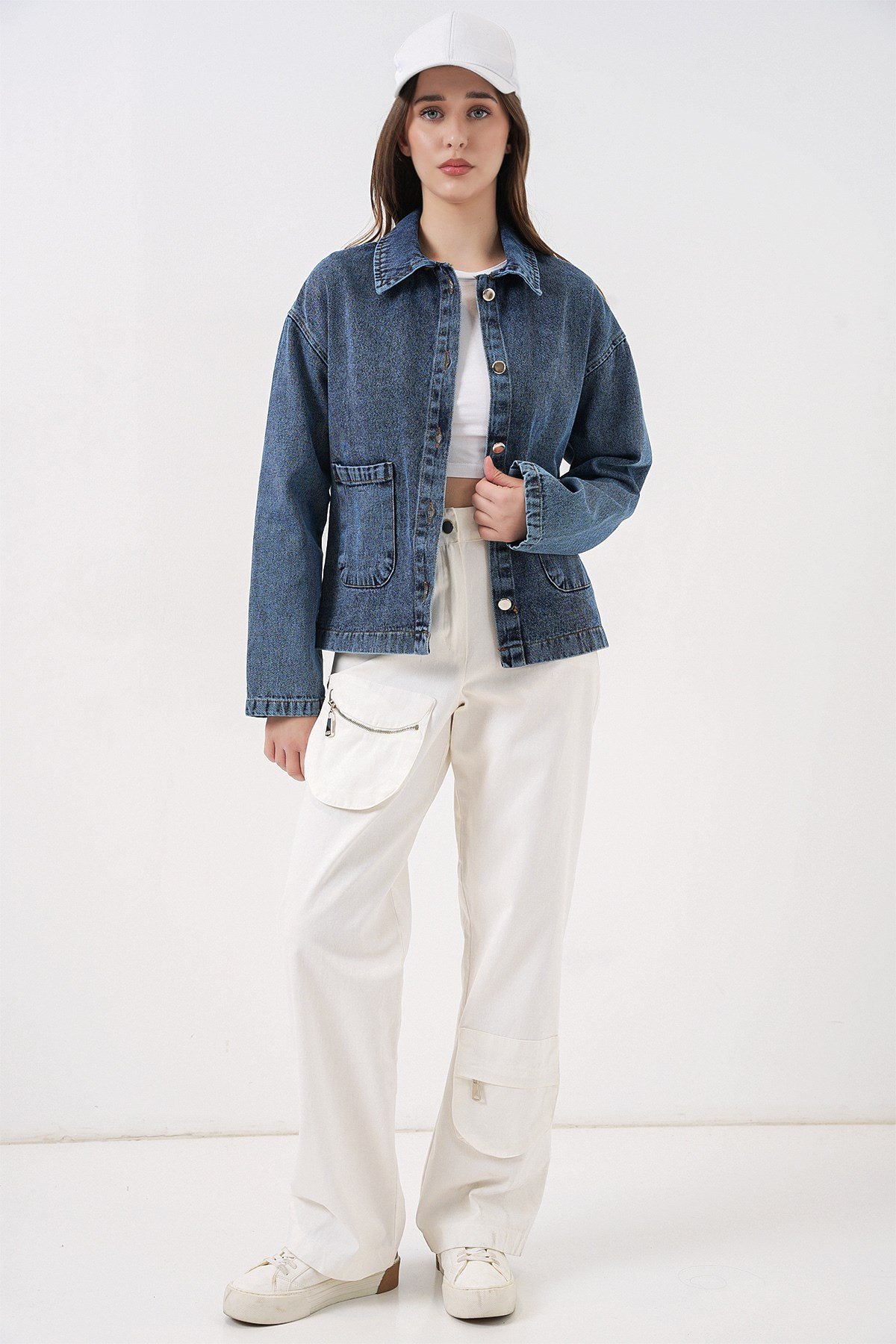 Kadın Çift Cepli Denim Ceket 0731 - Lacivert