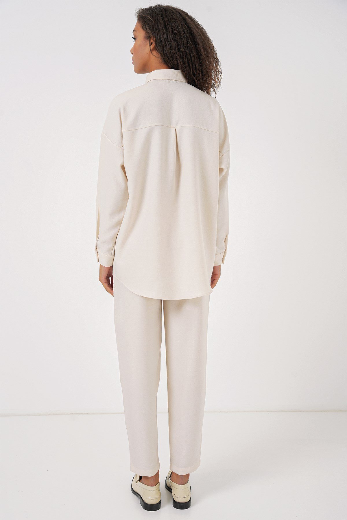 Kadın Ekru Oversize Keten Alt Üst Takım 6622