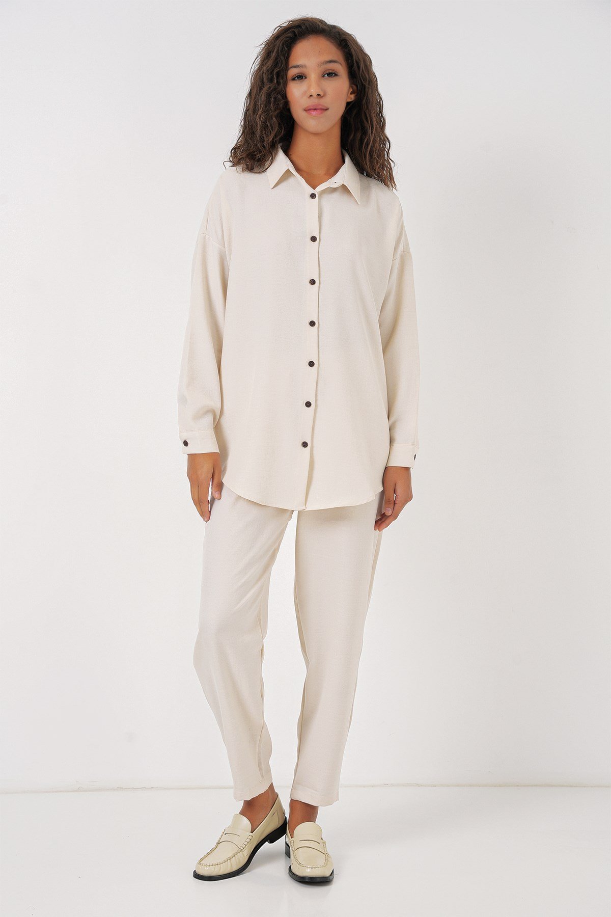 Kadın Ekru Oversize Keten Alt Üst Takım 6622