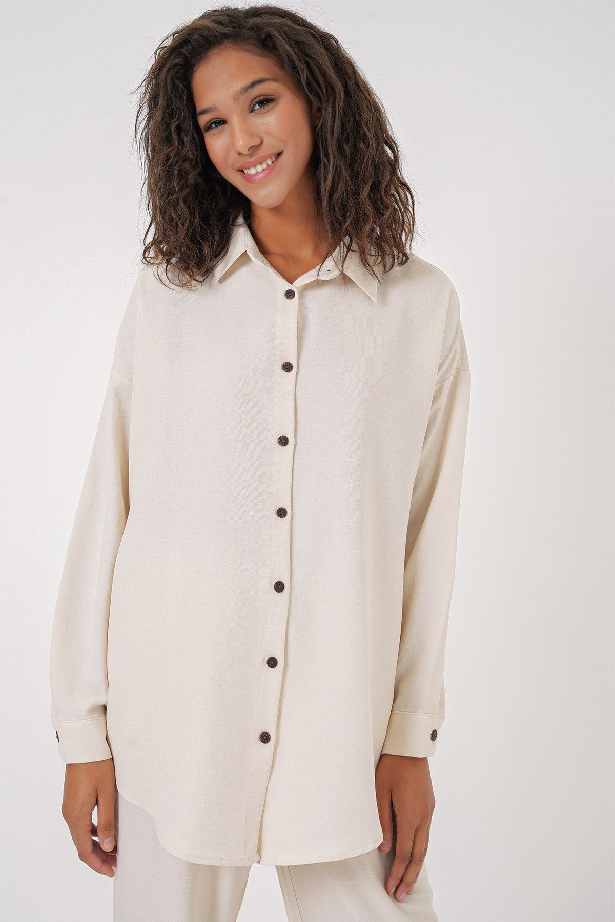 Kadın Ekru Oversize Keten Alt Üst Takım 6622