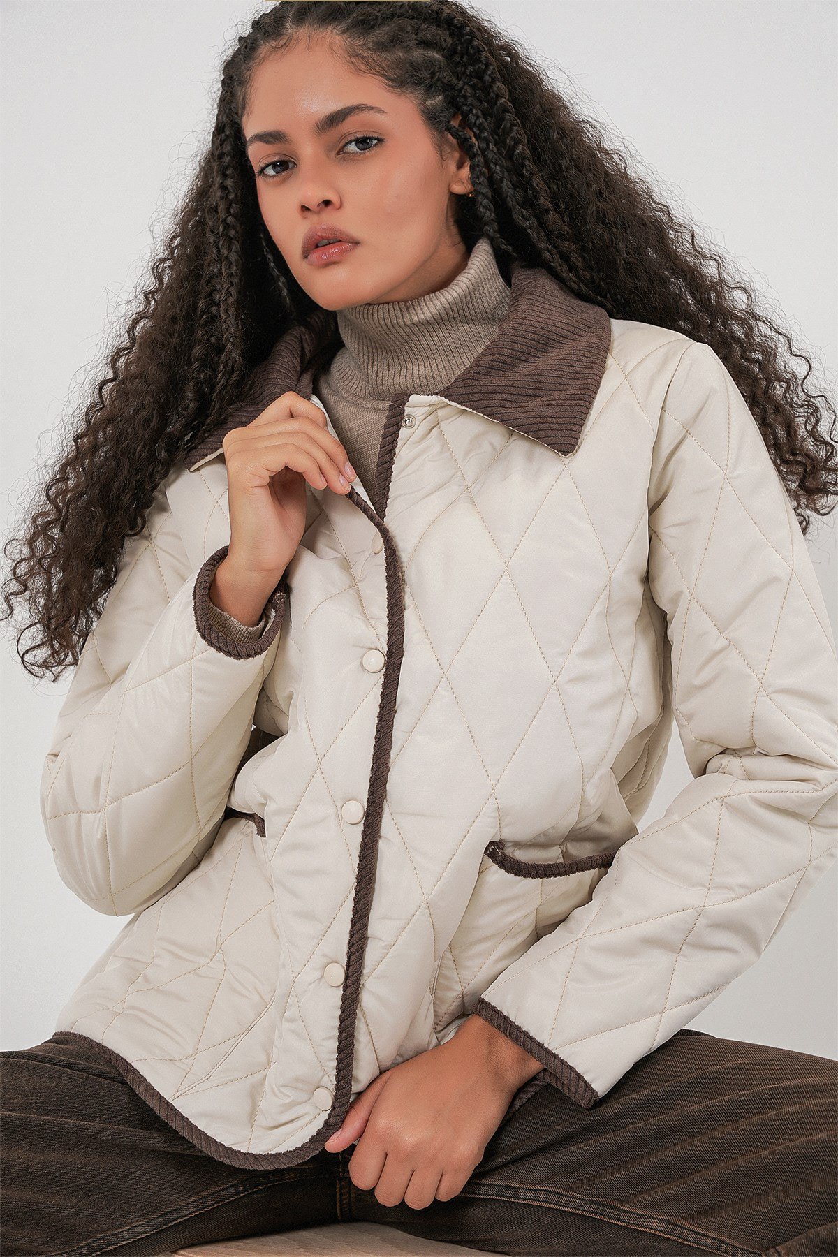 Kadın Kapitone Oversize Mont 5226 - Ekru Kahve