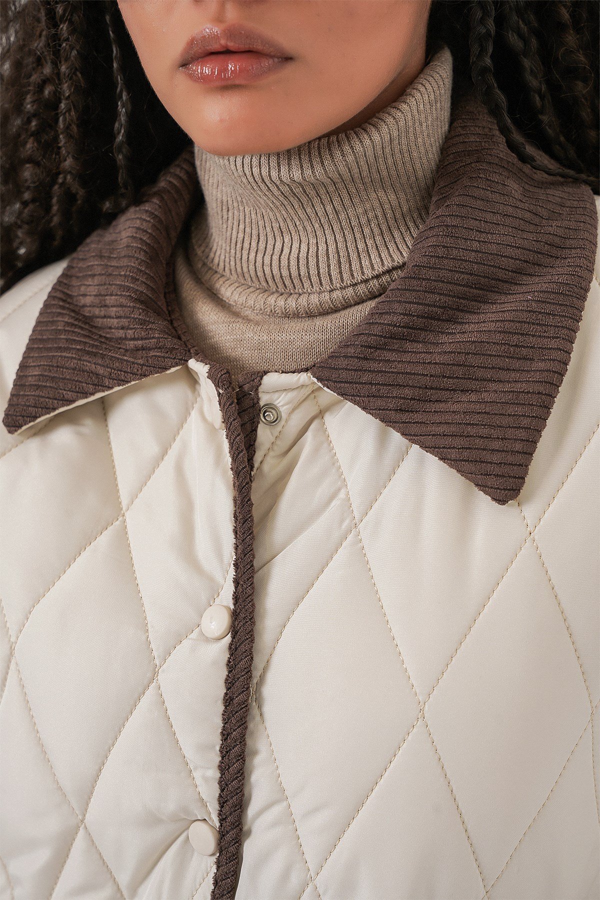 Kadın Kapitone Oversize Mont 5226 - Ekru Kahve