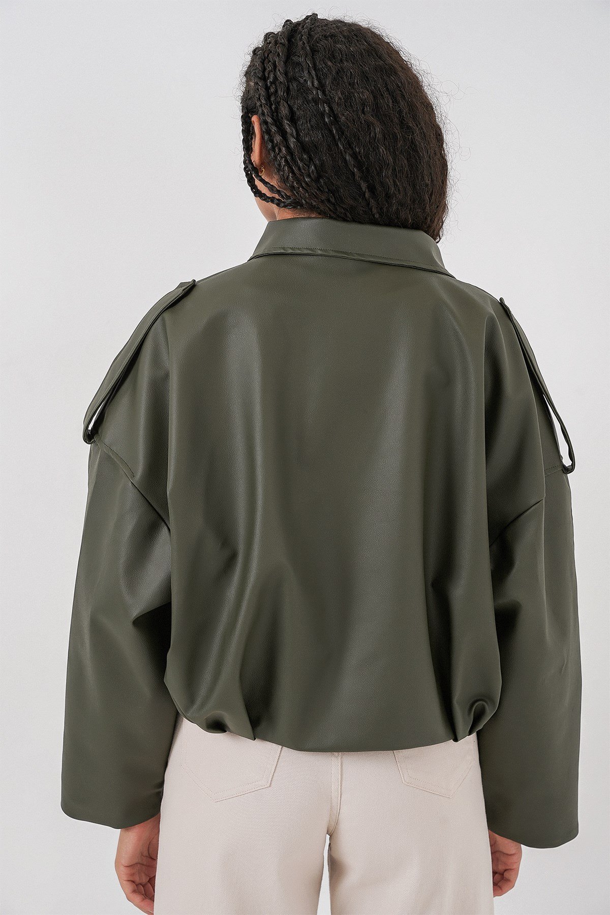 Kadın Oversize Deri Ceket 1055 - Haki